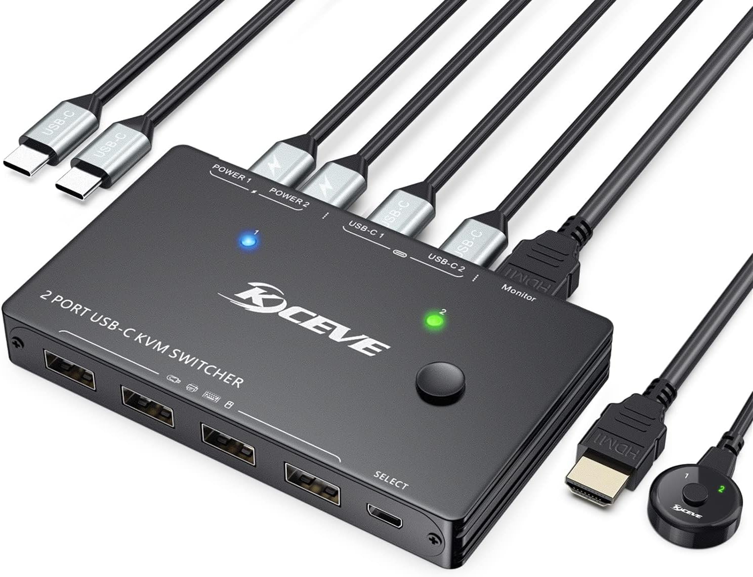 USB C KVM Switch 4K@60Hz, USB C Switch for 2 Laptops Share 1 Monitor and 4 USB Peripherals, Thunderbolt 3 Compatible, 100W PD, Wired Remote and USB-C & HDMI Cables Included