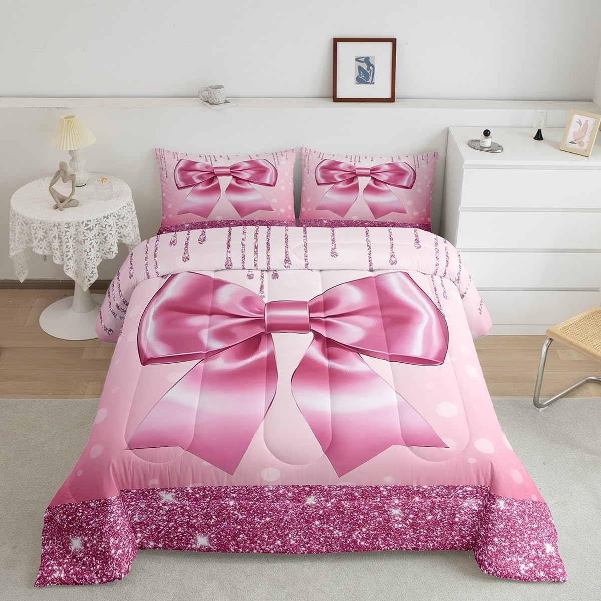 Erosebridal Kids Pink Bow Queen Comforter Set Teen Girl Coquette Bow Bedding Set Trendy Modern Fashion Preppy Bed Sets Gorgeous Glitter Bowknot Quilt Duvet Insert for Women