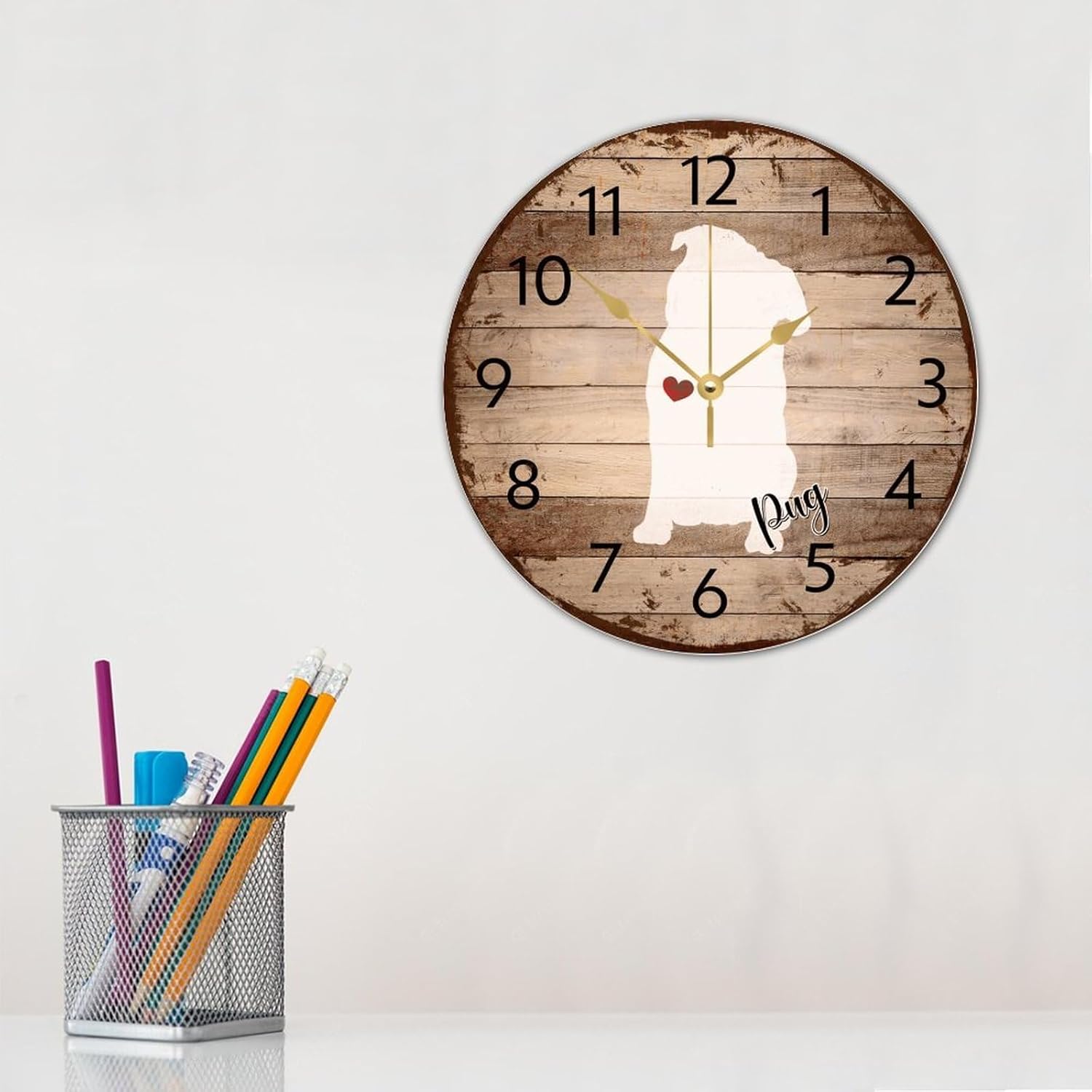 Wood Wall Clocks Battery Operated Non Ticking Analog Pug Rustic Wall Clocks Dog Breed New Puppy Home Decor for Nursery School Dining Room 12 Inch