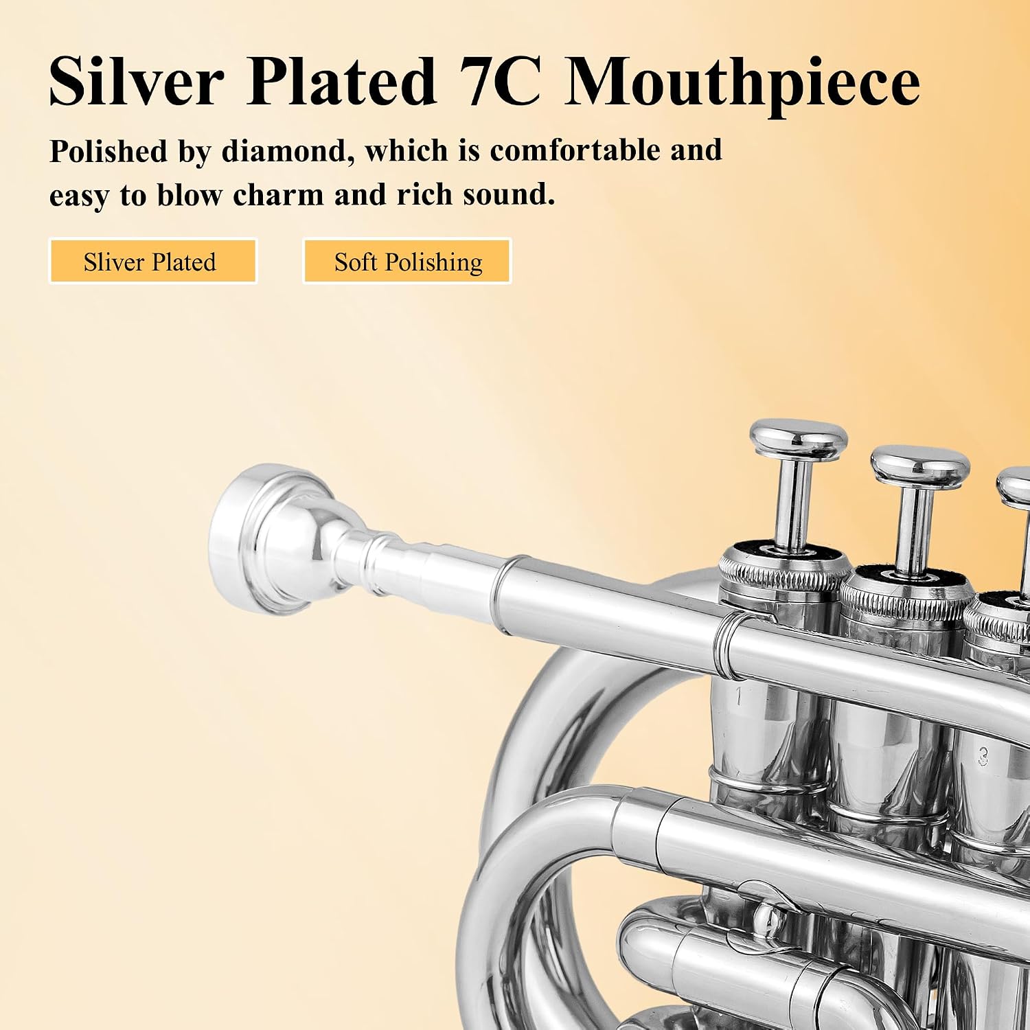 YAYUZEST Pocket Trumpet B Flat Brass Bb Pocket Trumpet with Mouthpiece 7C, Cleaning Cloth, Hard Case, Gloves (Nickel)