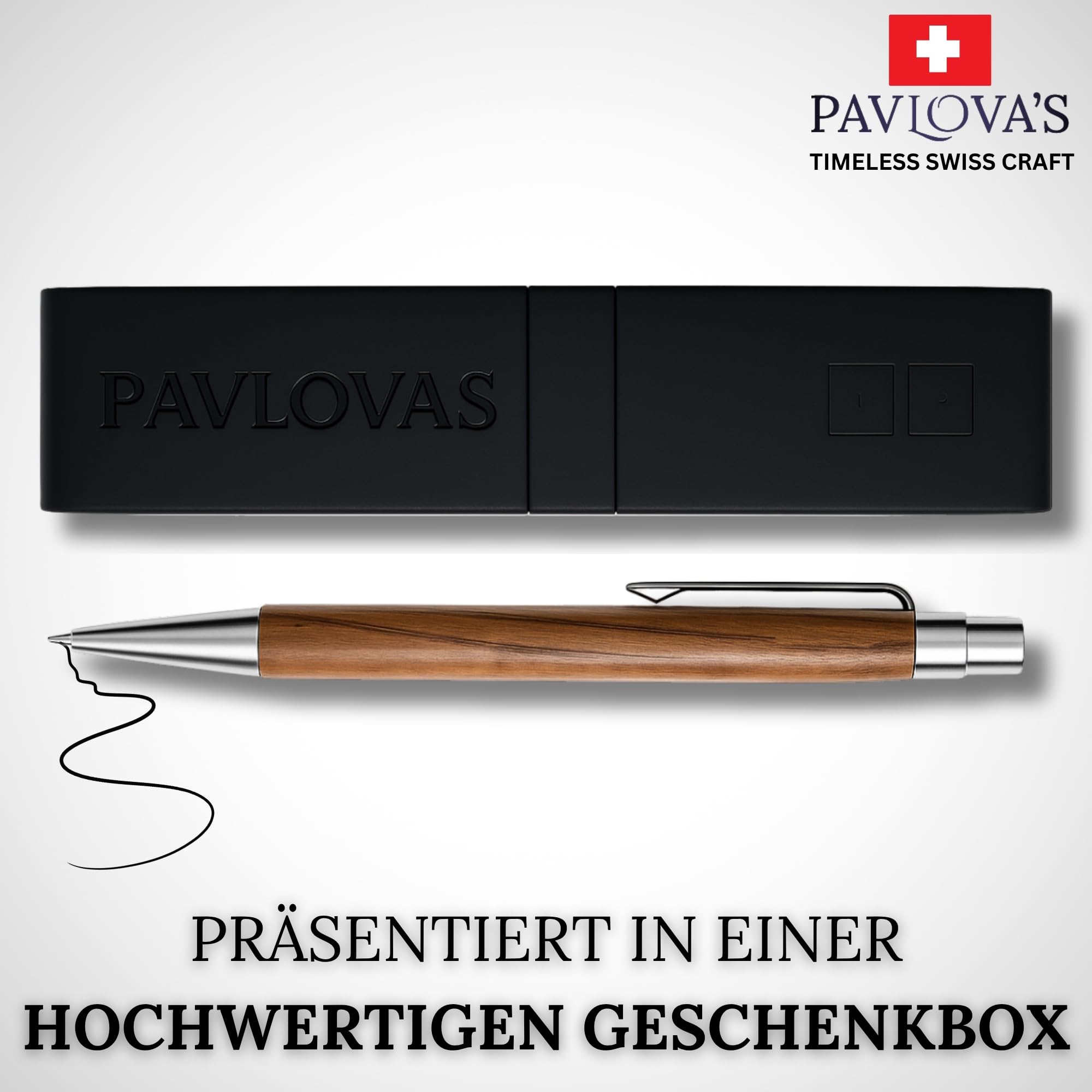 PAVLOVA’S Schweizer Kugelschreiber aus Walnussholz & Edelstahl – Sanftes Schreibgefühl – Ergonomisches Design – Schwarzer Mine & Blauer – 10 Jahre Garantie – 10 Jahre Garantie – Limitierte Edition