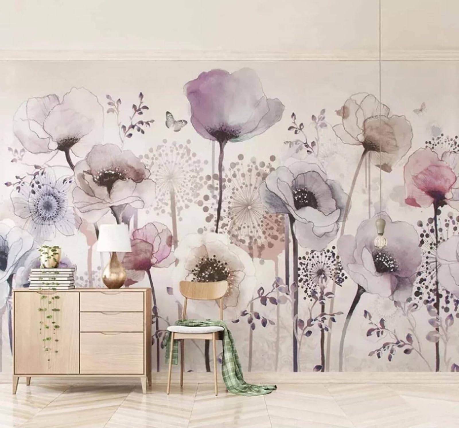 Minimalist Hand Drawn Watercolour Floral Butterflies 3D Wallpaper Easy Install Feature Office Living Room Sofa Bedroom TV Background Wall Decoration-250cm×170cm