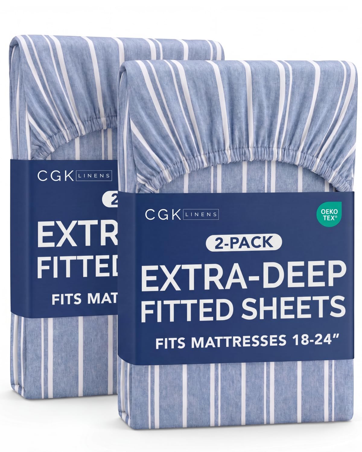 CGK Linens 2 Pack Extra Deep Twin Fitted Sheets - Blue Stripes