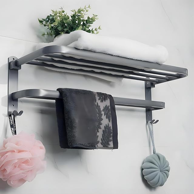 yozhch Grey Towel Rail Wall Mounted Towel Rack Bathroom Towel Holder Self Adhesive Towel Rail with Shelf 90° Foldable 2 Tier Towel Bar (23-Inch)