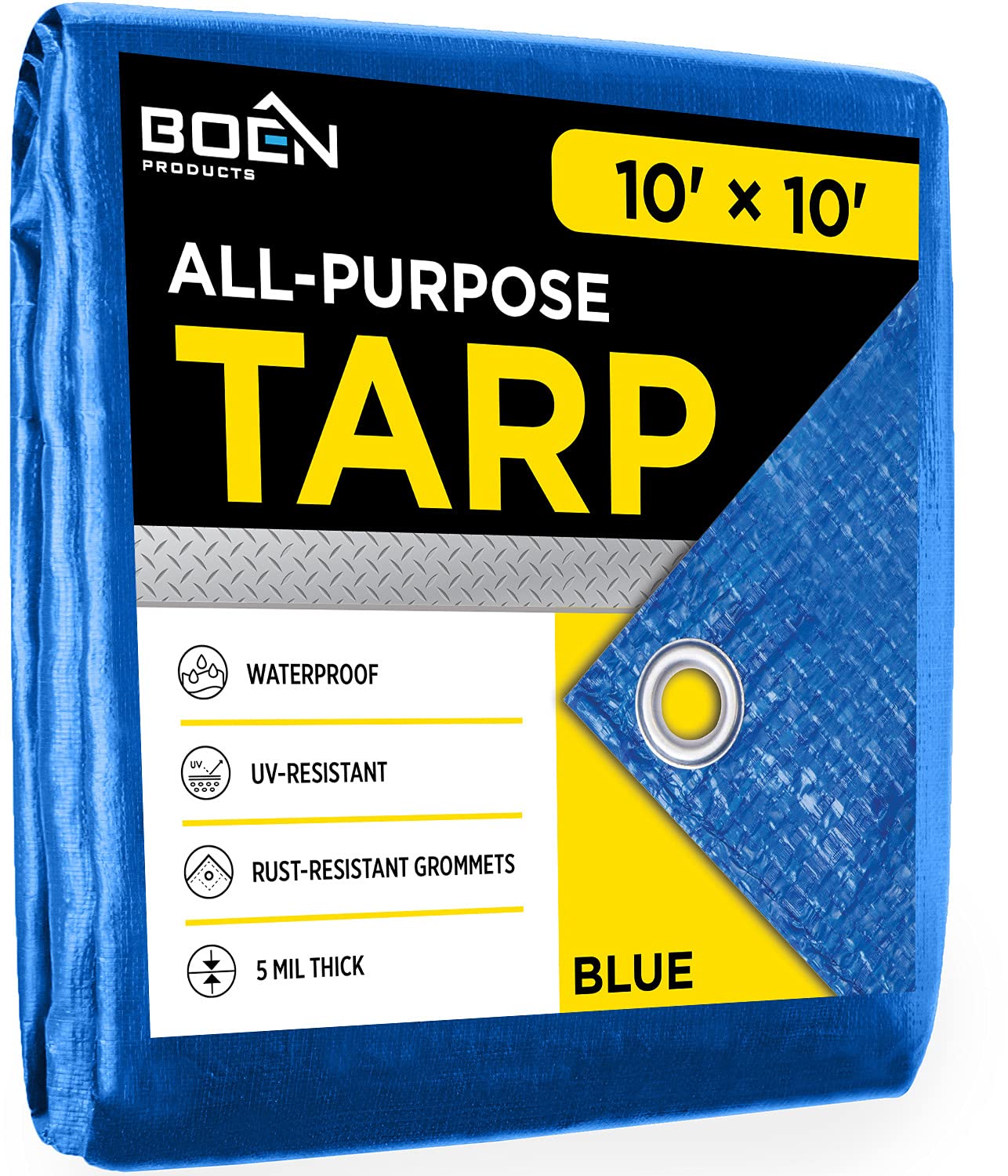 Multi-Purpose Large Tarp Waterproof Cover | Blue, 10' x 10' 5 Mil Thick | Rip Proof Tarps | Thick Weave Material, UV Resistant Great for Tarpaulin Canopy Tent, Boat, RV or Pool Cover