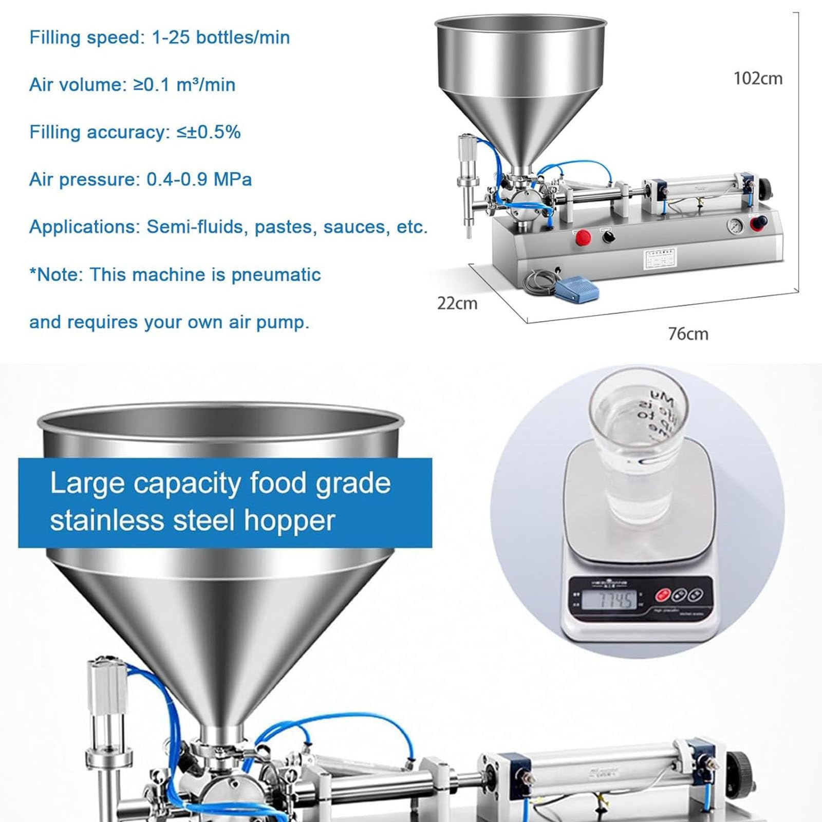 Riempitrice pneumatica da 300 W per liquidi e pasta, imbottigliatrice automatica con pedale e tramoggia, capacità 5-1500 ml, ideale per acqua, succhi, latte e cosmetici