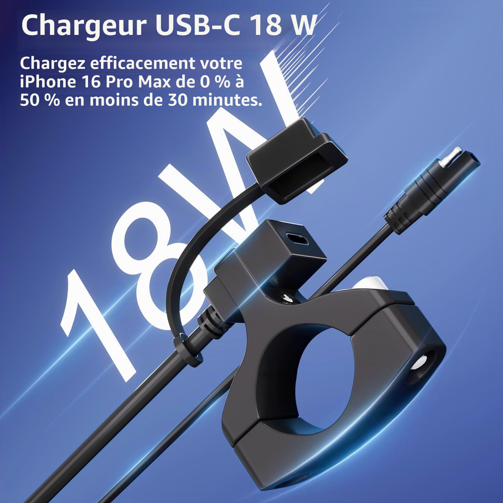 Cliff Top Chargeur USB étanche pour moto, 18 W PD USB-C, charge rapide, adaptateur SAE vers USB-C, port USB avec support de guidon de 22 à 32 mm pour moto, scooter, VTT, appareils téléphoniques