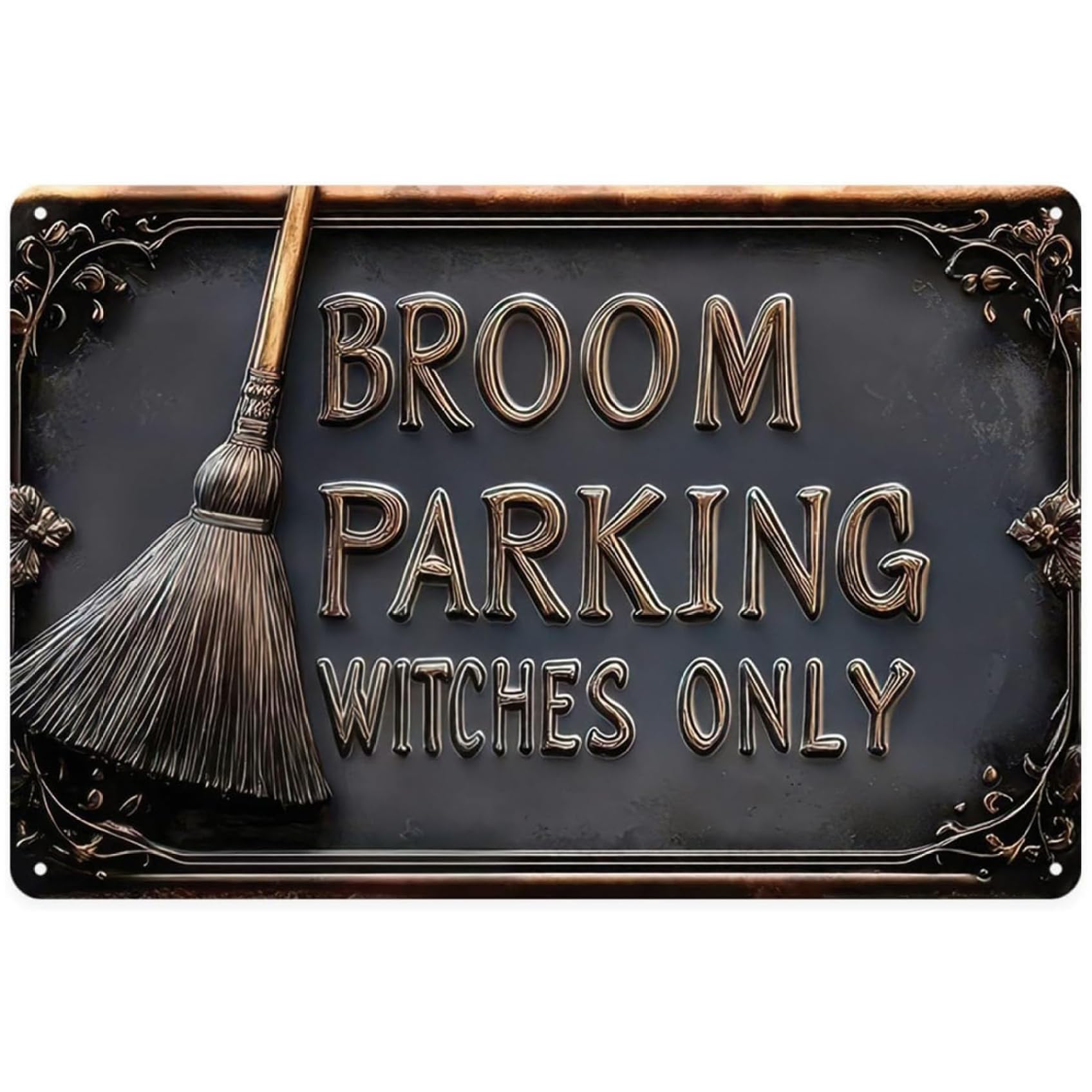 Broom Parking Sign 12x8 Inch Hanging Vintage Iron Halloween Signs Witch Decor for Home Bar Cafe.