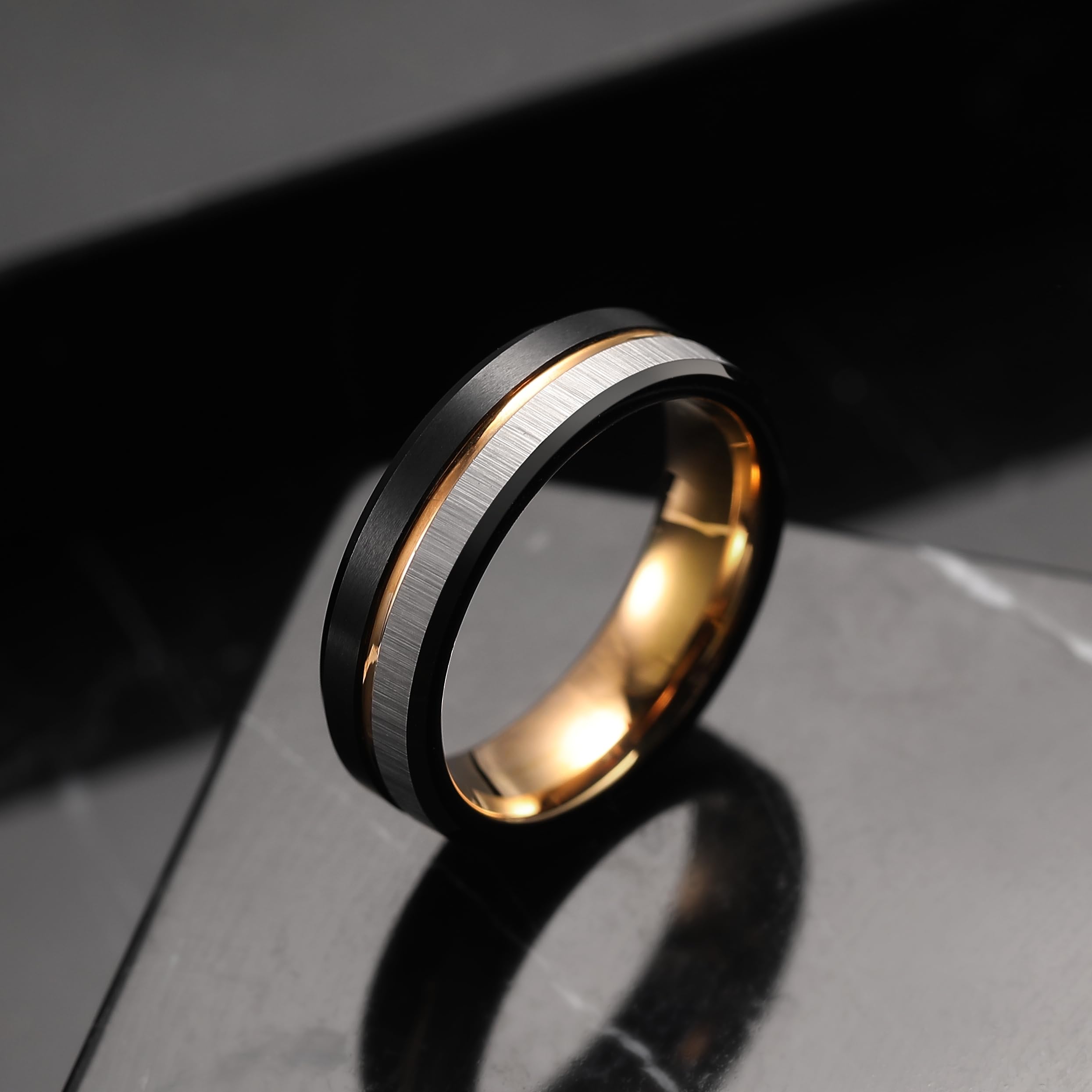 King Will Anello in carburo di tungsteno con anello in oro rosa, 8 mm, colore: nero e argento spazzolato