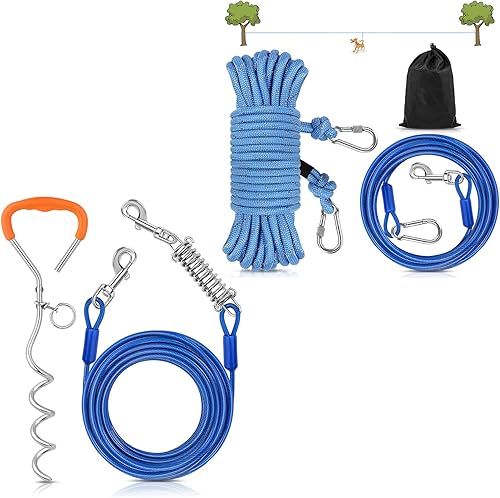 Petbobi Cable y estaca de amarre para perros de 30 pies y corredor de perro para patio, paquete de 50 pies