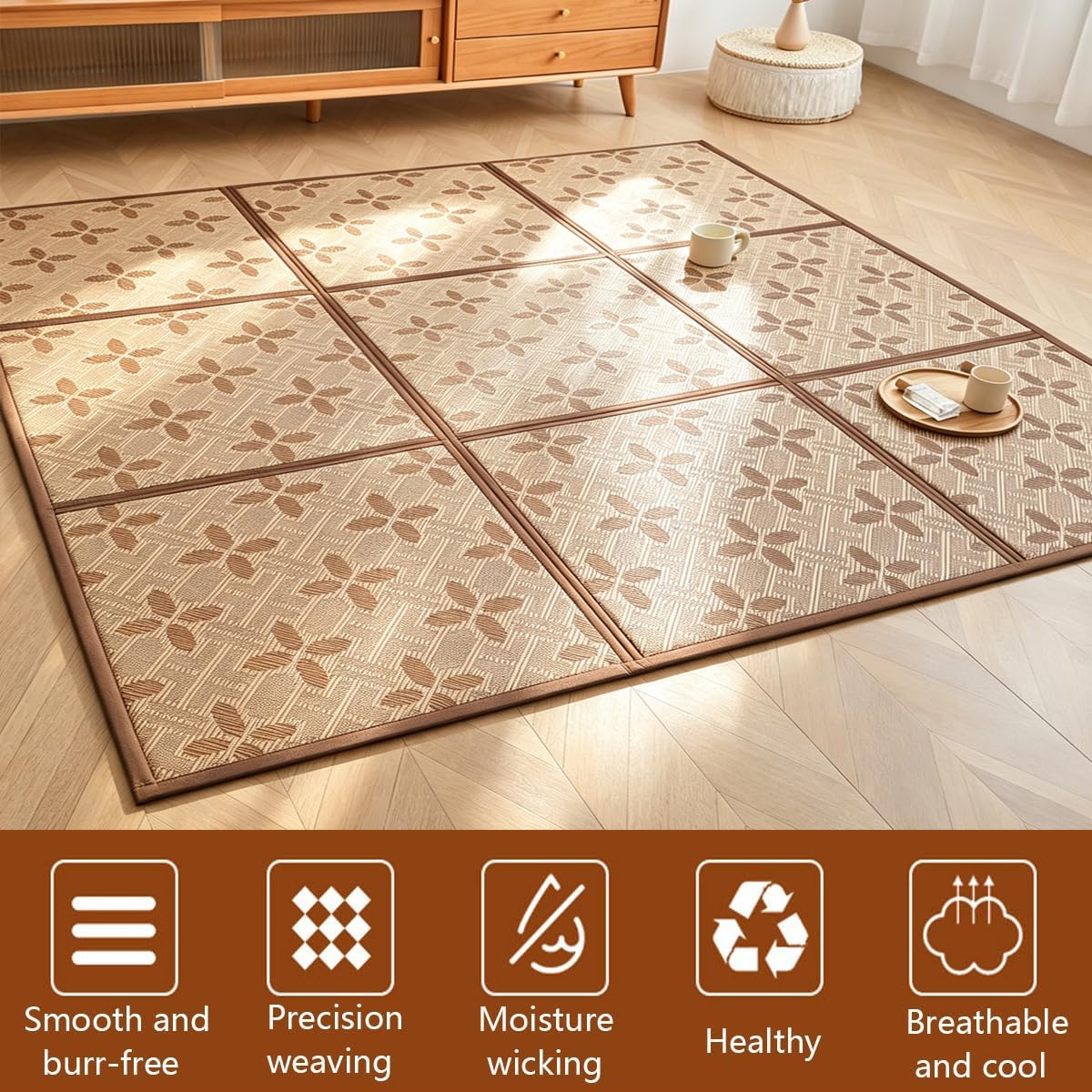 AVSMGP ,C,130×195cm/51.18×76.77", Esterilla Tatami Japonesa, Colchón Tatami Plegabl Ratán Y Seda Helada para Cama Suelo- Portátil Tamaño Matrimonial Tejido A Mano para Dormir, Practicar Yoga, Acampar