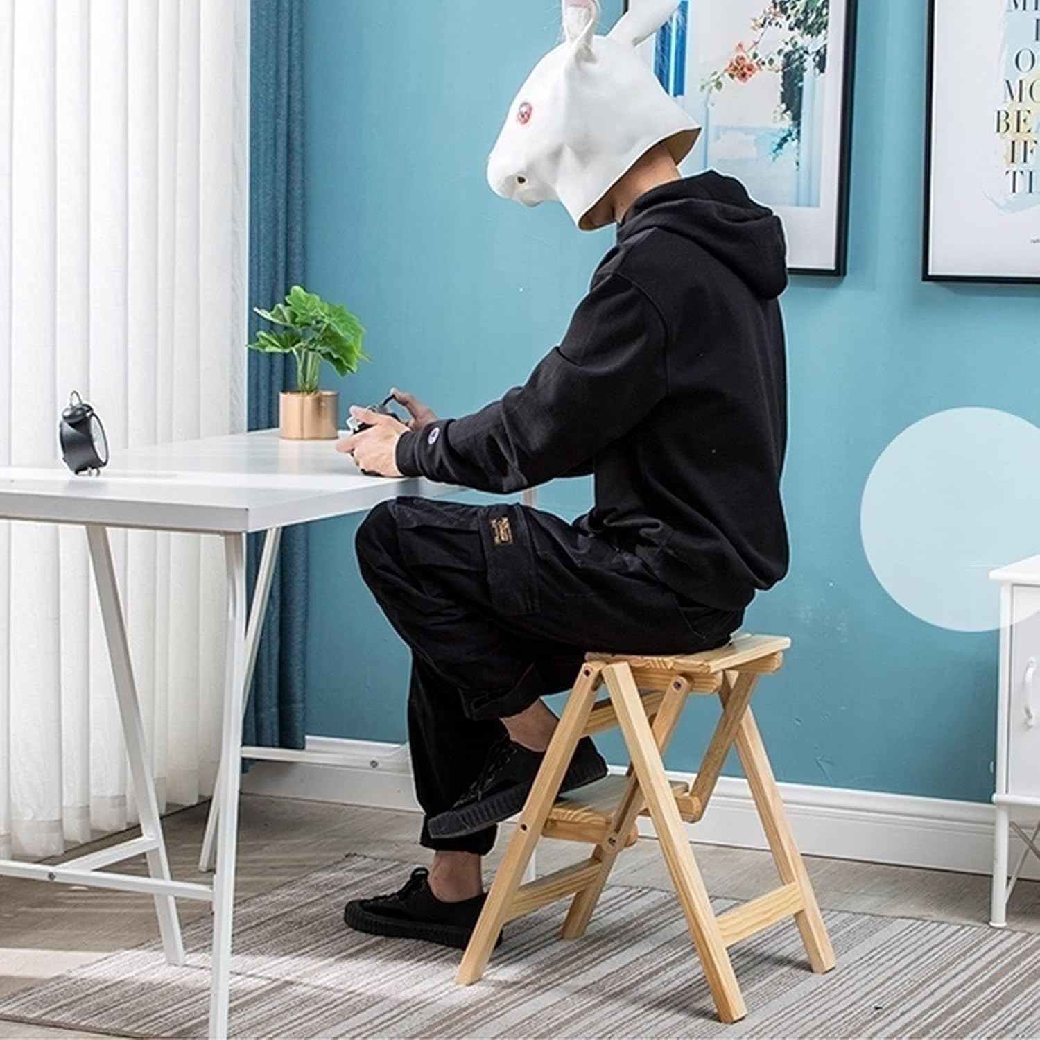 Step Chair Folding Wooden Ladder Stool Multifunction Library Steps Bookshelf Display Shelves Small Foot Stools 2 Step Ladder Stairs Chair