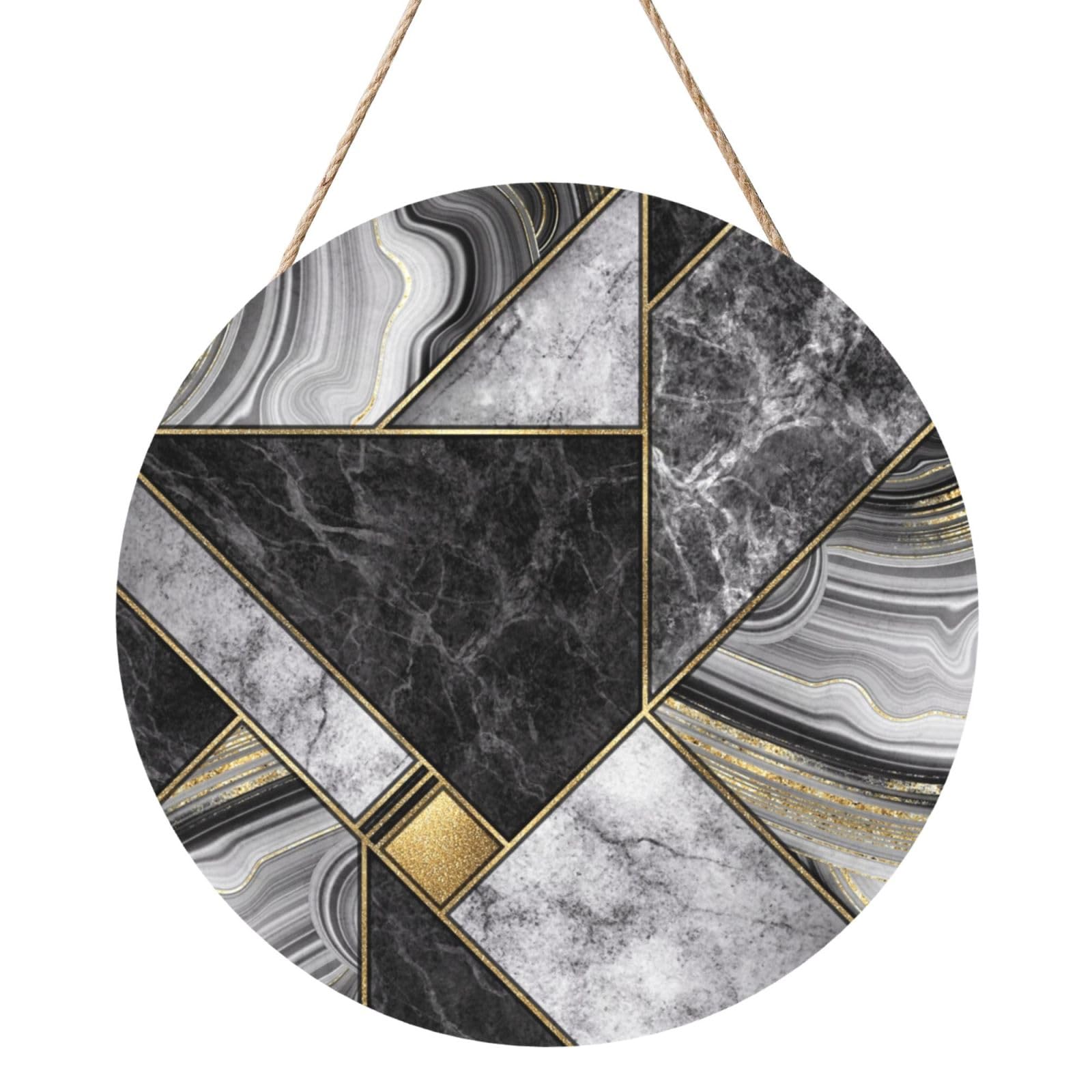 InOmak Black Marble Texture Gold Printed, Round Wood Panel Painting 12 in, Wall Hanging Painting For Home