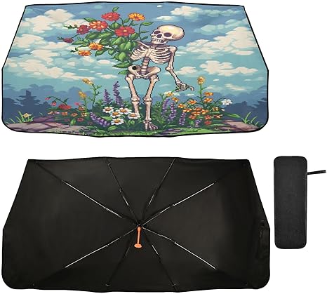 ALAZA Flower Skeleton Sugar Skull Car Windshield Sun Shade Foldable Reflector Umbrella Sunshade Cover Visor Protector for UV Ray Block & Sun Heat Protection Fit Most Vehicles