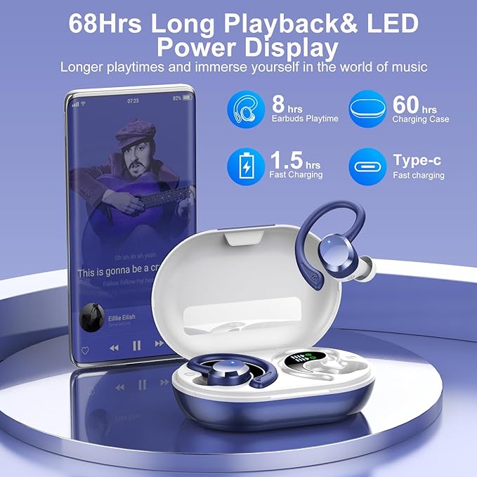 Wireless Earbuds, Bluetooth Earbuds, Bluetooth 5.4 Headphones 68hrs Playtime Sport Earphones with LED Display ENC Noise Cancelling Mic, IPX7 Waterproof Over Ear Ear Buds with Hook for Gym/Workout