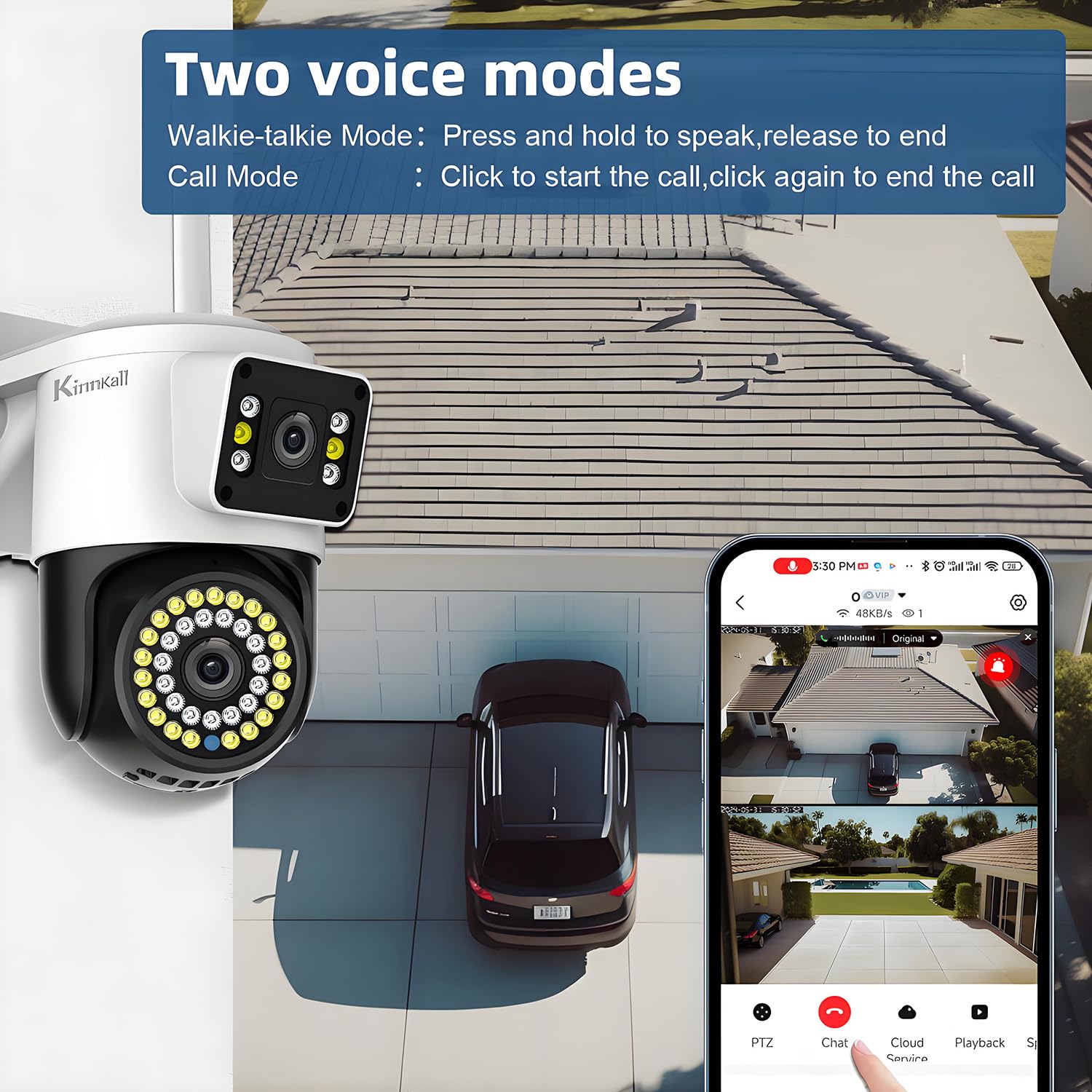 Telecamera WiFi per esterni con doppia lente per la sicurezza domestica, telecamera di sorveglianza wireless 2.4G, Motion Tracking, visione a 360°, audio a 2 vie, SD/Cloud,