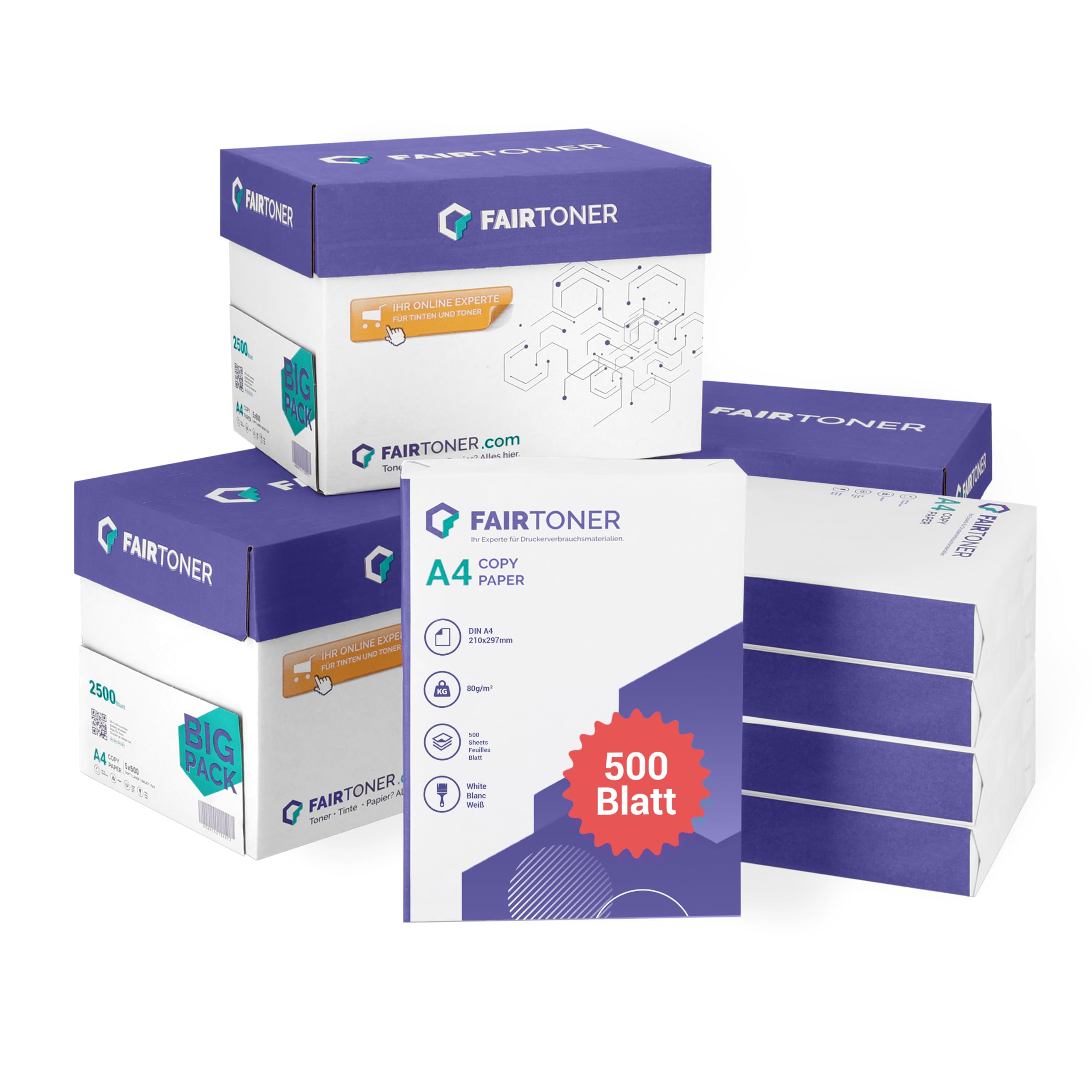 FairToner Kopierpapier DIN-A4 80g, Weiß, 10.000 Blatt (20er Pack) | 20 x 500 Blatt, Universal Druckerpapier