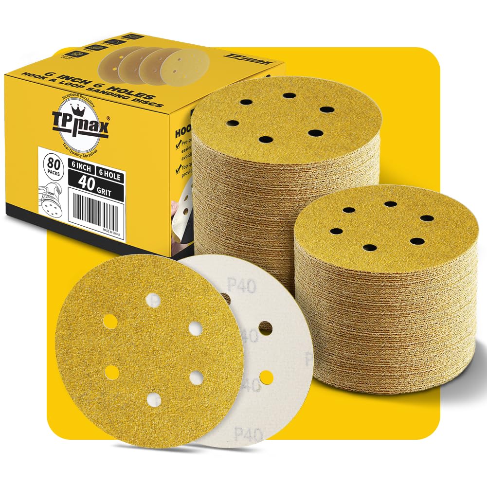 80PCS 6 Inch 40 Grit 150mm 6 Hole Sanding Discs Sandpaper - Premium Gold Round Hook and Loop for Random Orbital Sander - Ideal for Wood, Metal,