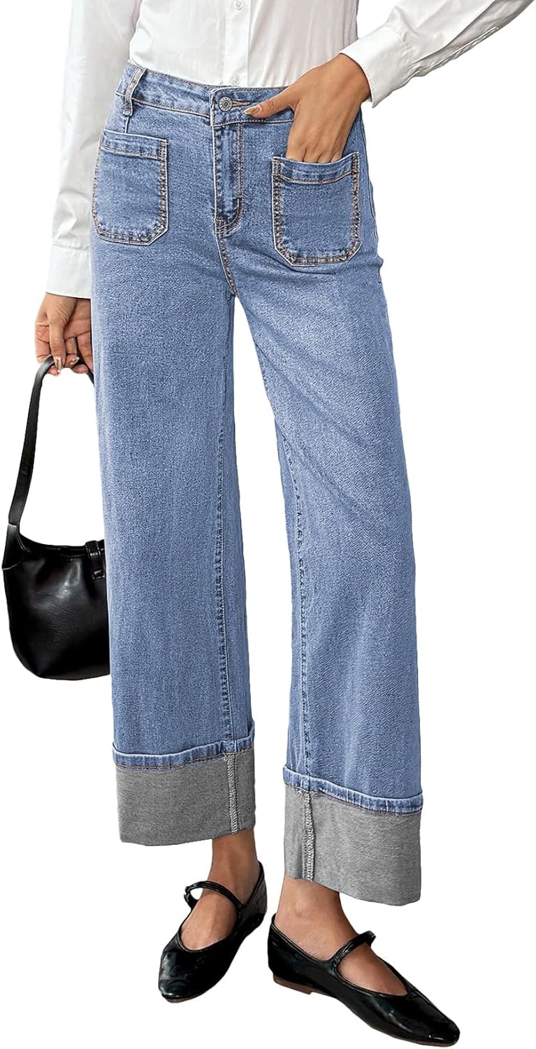 EVALESS Womens Jeans High Waisted Stretchy Cuffed Wide Leg Denim Pants with Pockets