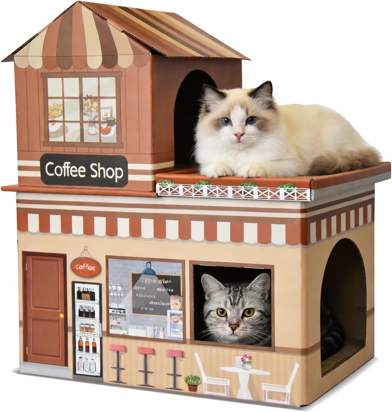 Cardboard Cat House for Indoor Cats, Double Layer Cat Scratcher House for Large Kitty Rabbit Bunny, Scratch & Sleep 2 in 1 Design, Durable & Easy to Assemble Scratching Bed (Ice Cream Shop)