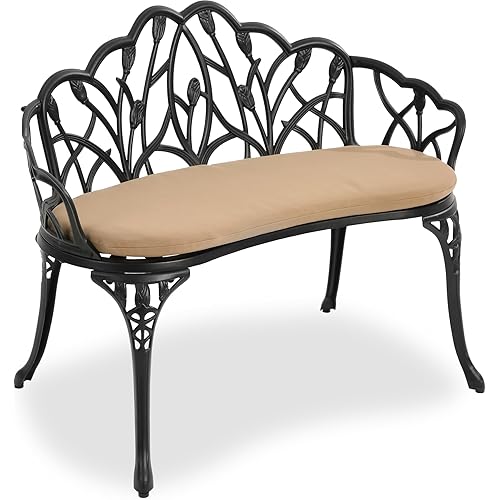 HOMEFUN Outdoor Patio Bench, Garden Benches with Cushion All-Weather Cast Aluminum Extra Loveseat for Lawn Front Porch Path Yard Decor Deck Furniture Black