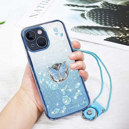 Miniatura 6 de Funda protectora para Apple iPhone 14 (6.1 pulgadas), para mujeres y niñas, funda protectora de TPU con diseño floral de mariposa con purpurina y