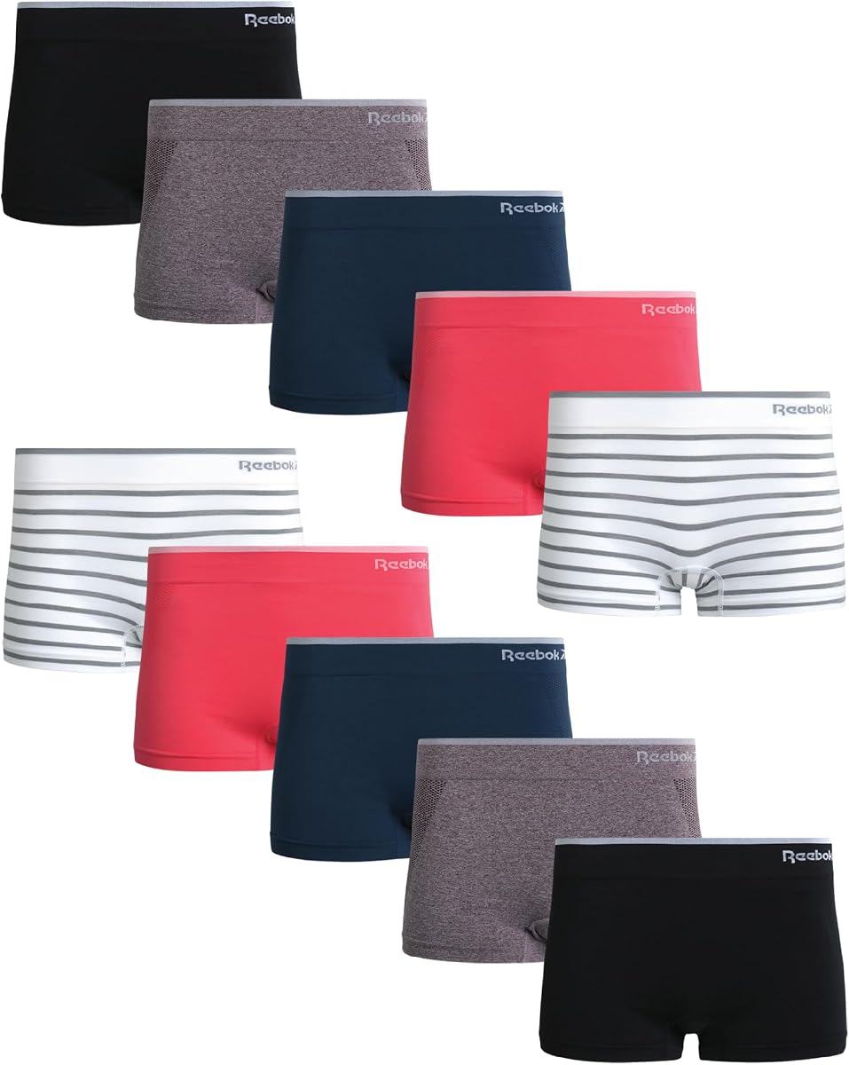 Reebok Boyshorts para mujer - Paquete de 10 ropa interior de alto rendimiento sin costuras para mujer | El ajuste Stay-Put se mueve naturalmente con su cuerpo, el estiramiento en 4 direcciones sin etiquetas elimina las líneas visibles y los puntos de presión.
