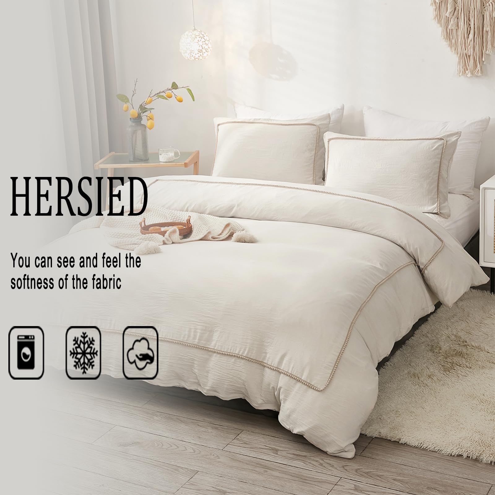 Herside Beige Bedding Set Double Size Khaki Ball Pom Design Solid Duvet Cover Set Microfibre Quilt Cover Boho Rustic Pom Duvet Cover Set Reversible Bedding for Girls Teens - Image 3