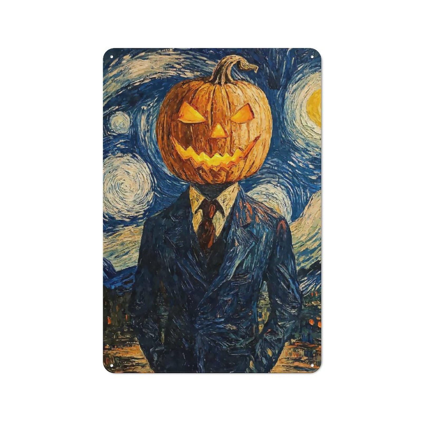 Junmoney Pumpkin Head In Starry Night Metal Wall Sign 30X20cm Featuring For Home Bar Wall, For Themed Interiors In Home Bars And Entertaining Spaces