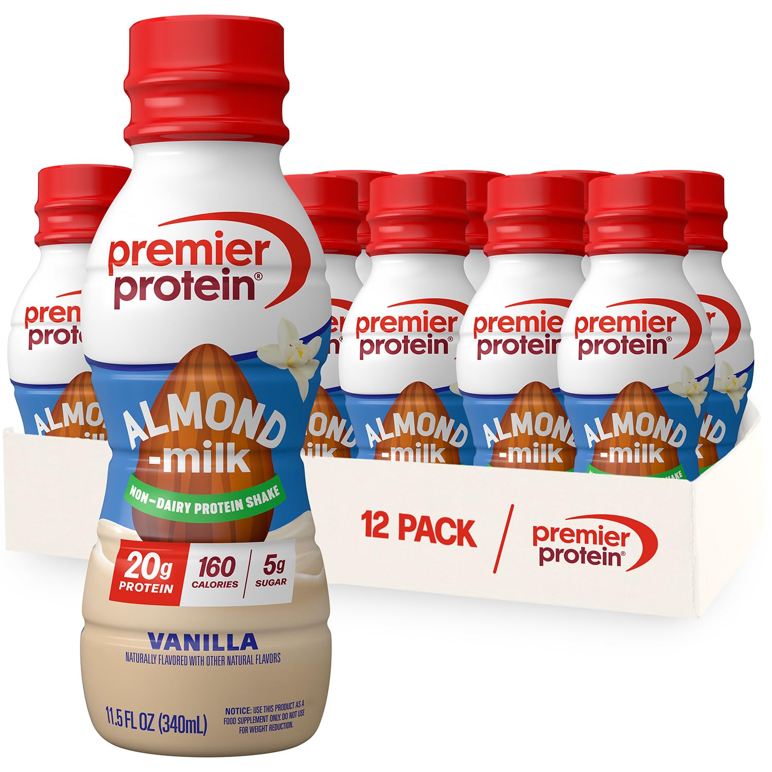 Premier Protein Almondmilk Plant Based Protein Shake, 20g Protein, 5g Sugar, 11.5 Fl oz, Vanilla, 12 Count