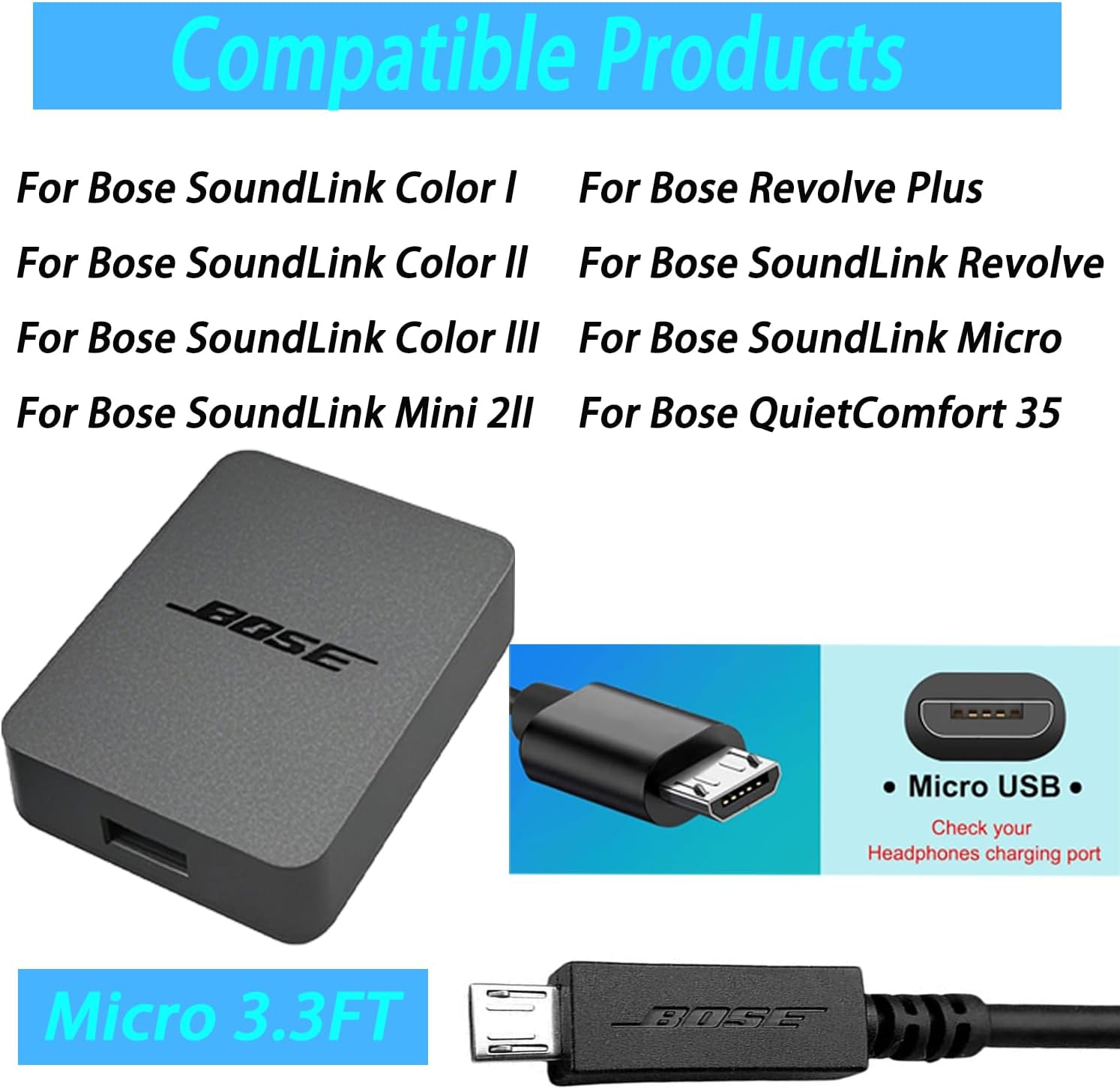 Bose SoundLink Charger Micro USB for Bose SoundLink Color ii/2, SoundLink Mini ii/2, SoundLink Micro, Revolve/Plus Bluetooth Speaker Compatible with QuietComfort 35 i/ii Charger Cable Cord (3.3FT) - Image 4