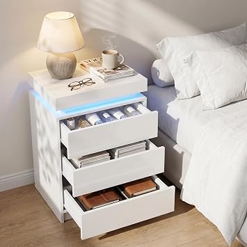 TUKAILAi Nightstand with LED Light, Modern White Night Stand with Flip Top, Small Bedside Table with 3 Wood Drawers Storage, High Gloss End Side Table for Bedroom