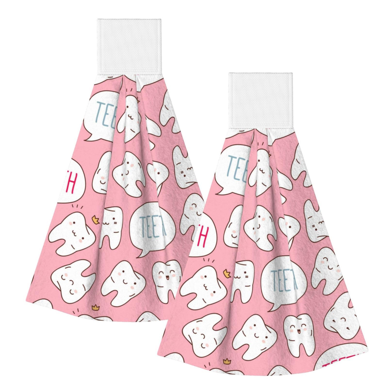 DOPKLNA Kawaii Dentist Teeth, 2 Pcs Hanging Coral Fiber Hand Towels for Bathroom, Absorbent Kitchen Towels
