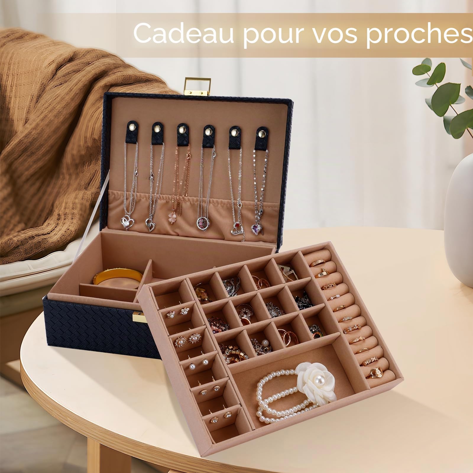 Gifturbo Boîte à bijoux, boîte à bijoux avec 2 niveaux, boîte à bijoux en PU cuir grande boîte à bijoux pour bagues, boucles d'oreilles, bracelets, colliers, noir