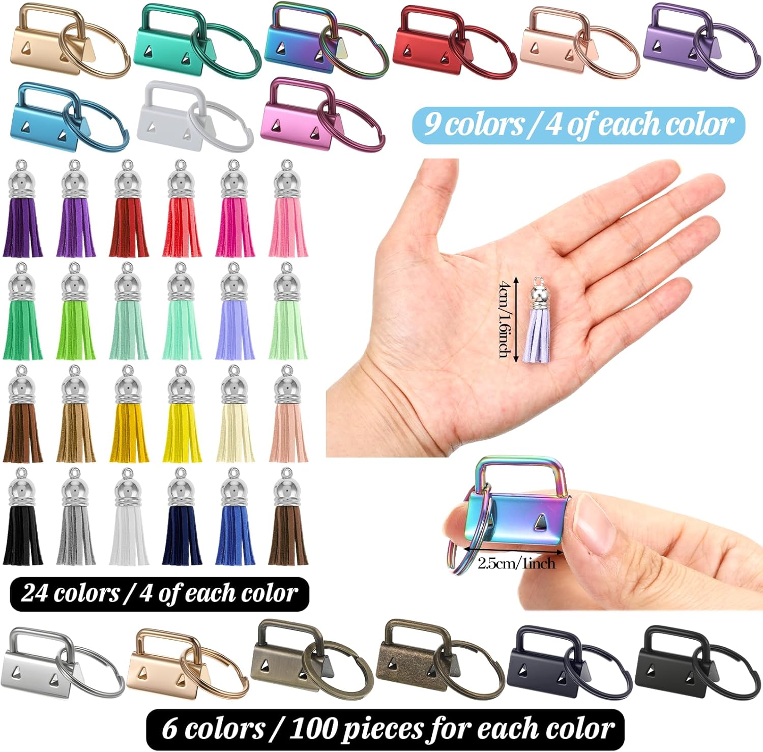 192 Pcs Key Fob Hardware Set Including 96 Key Fob Hardware 96 Tassels, Colorful 1'' Keychain Hardware 1.6'' Tassels Bulk Charms for Wristlet, Crafts, Lanyard, Key Chain Making Supplies