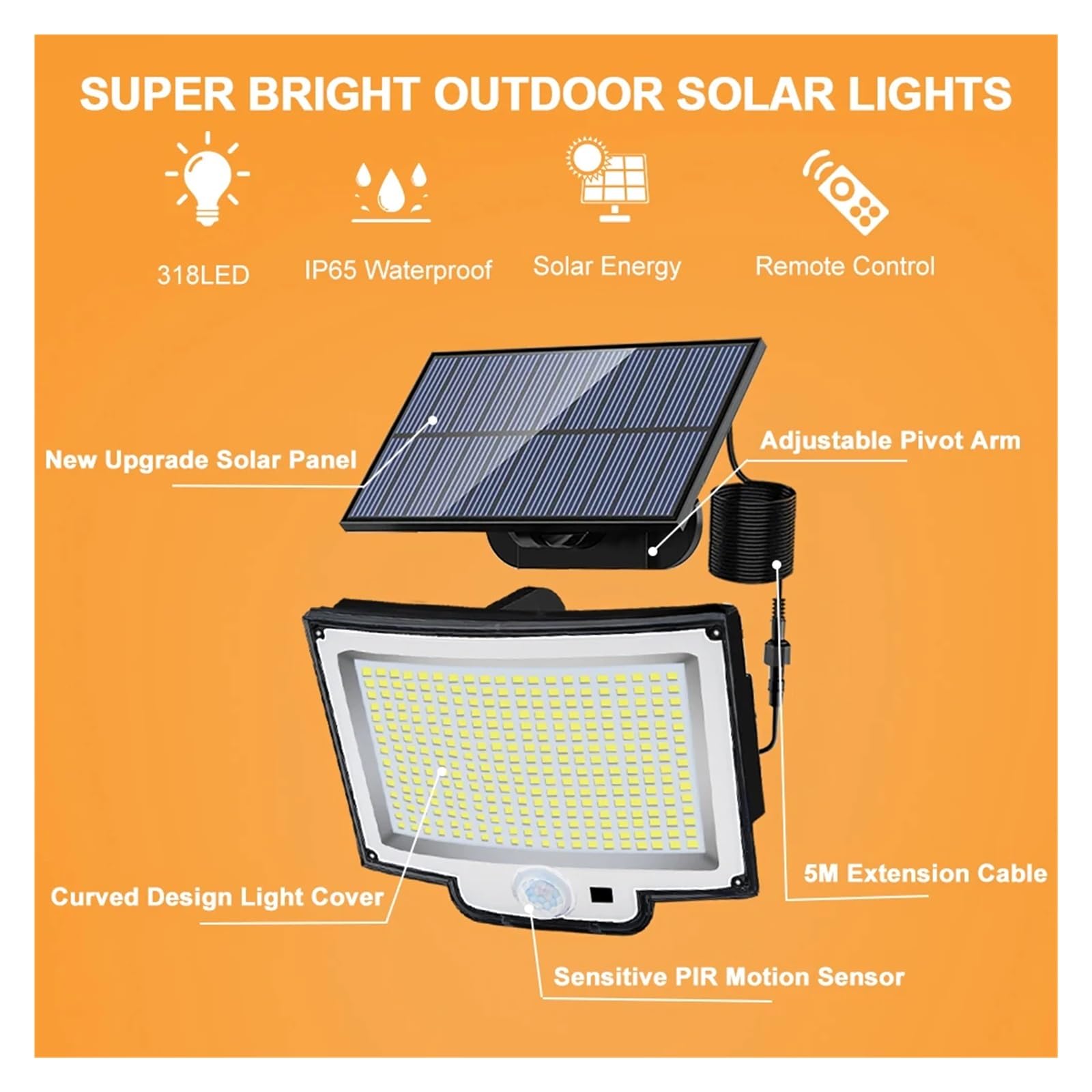 BASSFLY Luz Solar Exterior, 328 luces LED solares for exteriores, luces de inundación superbrillantes de 3 modos, lámpara de pared impermeable IP65 con control remoto for jardín y patio
