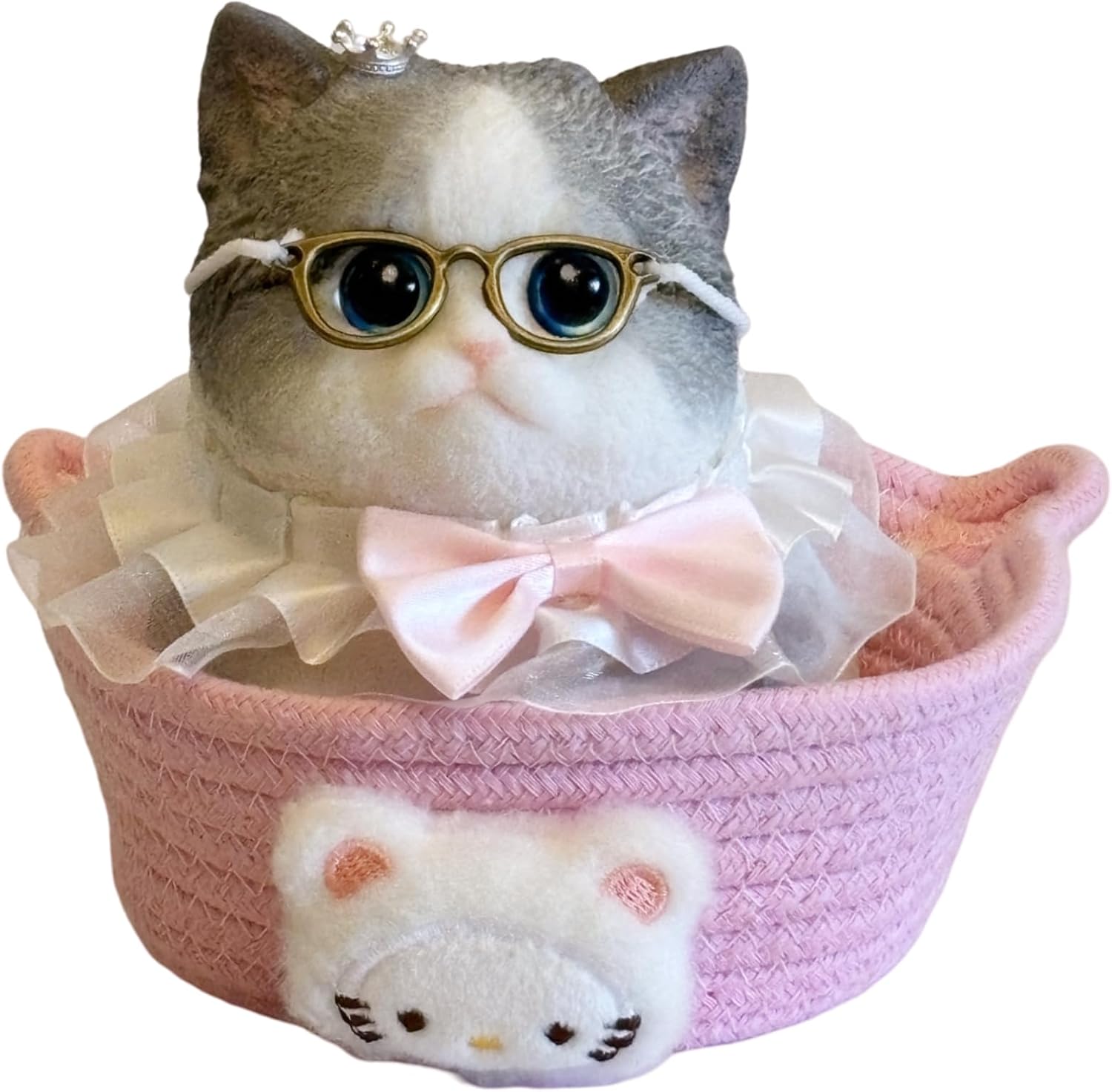 Big Taba Squishy Cat - Jumbo 6" Giant Kawaii Stress Relief Toy with Knitted Basket & Glasses (White&Gray )