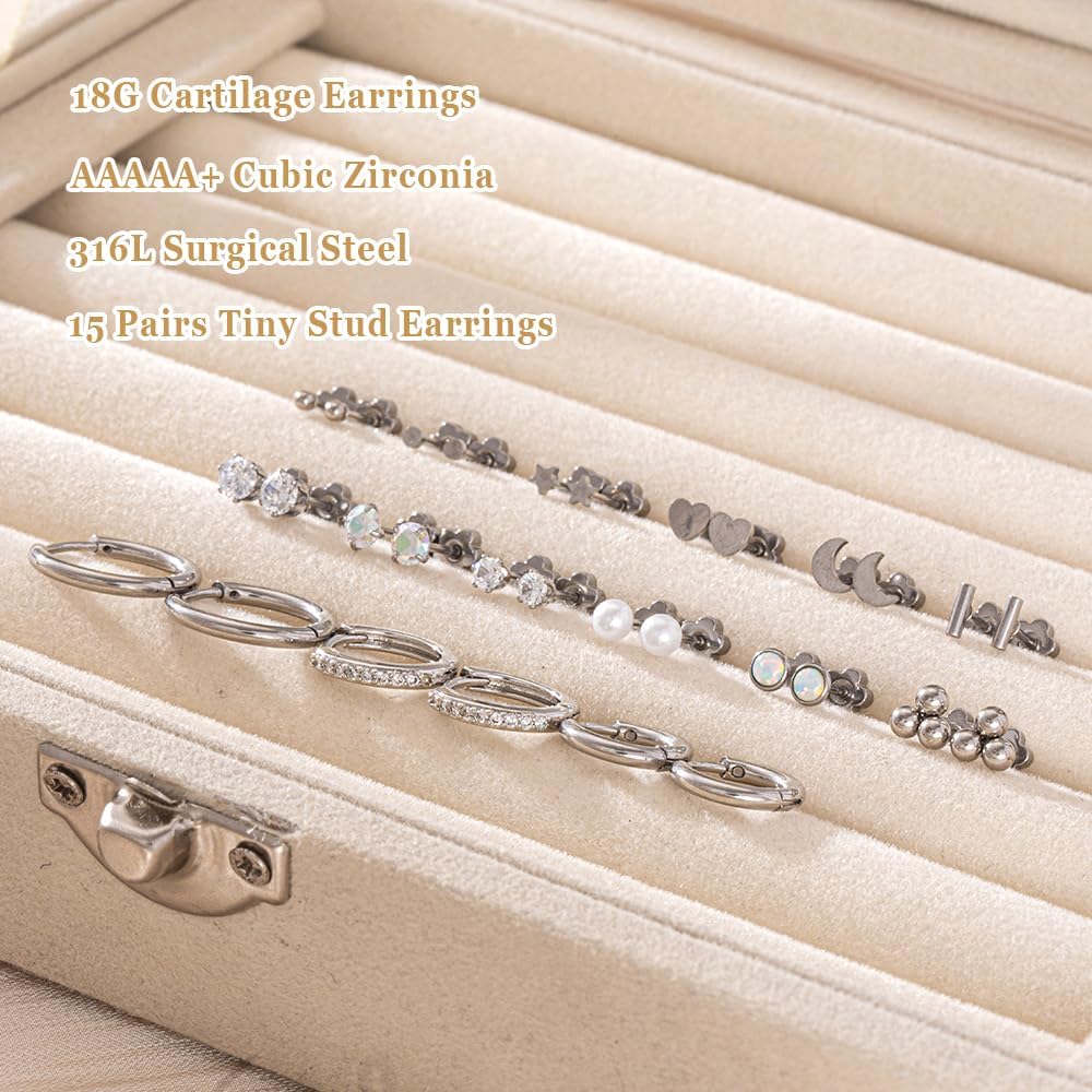Grace Whisper 15 Pairs Flat Back Stud Earrings For Women Men 14K Gold Plated Hypoallergenic Surgical Steel Flatback Stud Earrings Cartilage Helix Tragus Conch Hoop Earrings Set for Multiple Piercing Jewelry - Image 7