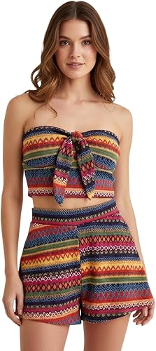winkbay Women's 2 Piece Striped Tie Front Tube Top and Mini Shorts Sets