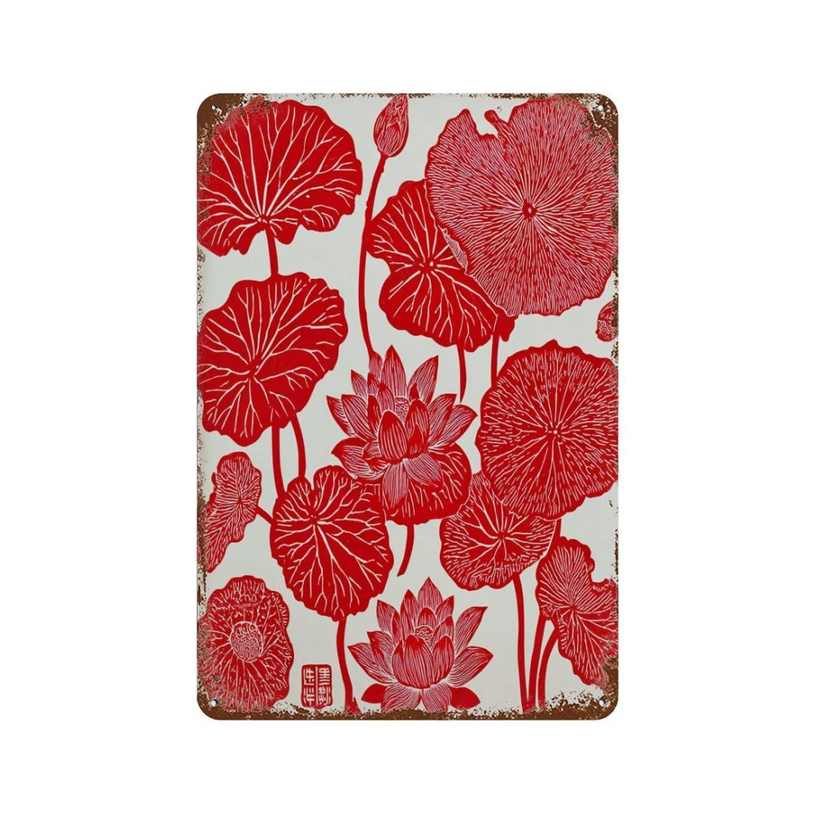 xiaoxiaoshen Red Lotus Asian Inspired Botanical Flower Modern Zen Home Or Studio Wall Decor Art Metal Tin Poster Modern Home Decor Art Home Bar Shop Decorations Vintage Sign 30x20cm