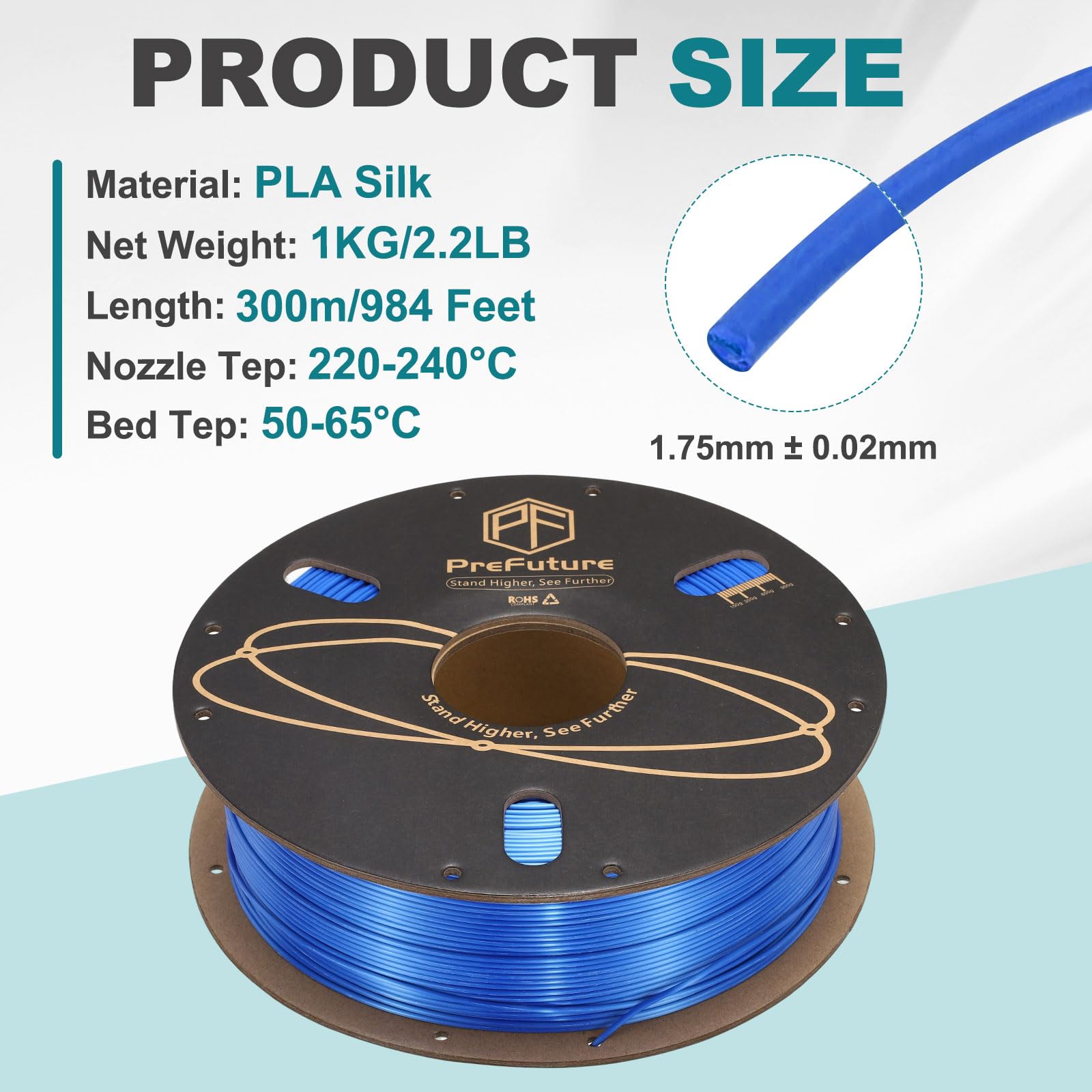 QUARKZMAN Filamento PLA Seta 1.75mm 1KG/2.2LB Alta Lucentezza Filamento per Stampante 3D, Resistenza Migliorata, Precisione Dimensionale 0.02mm per Stampante 3D, Blu.