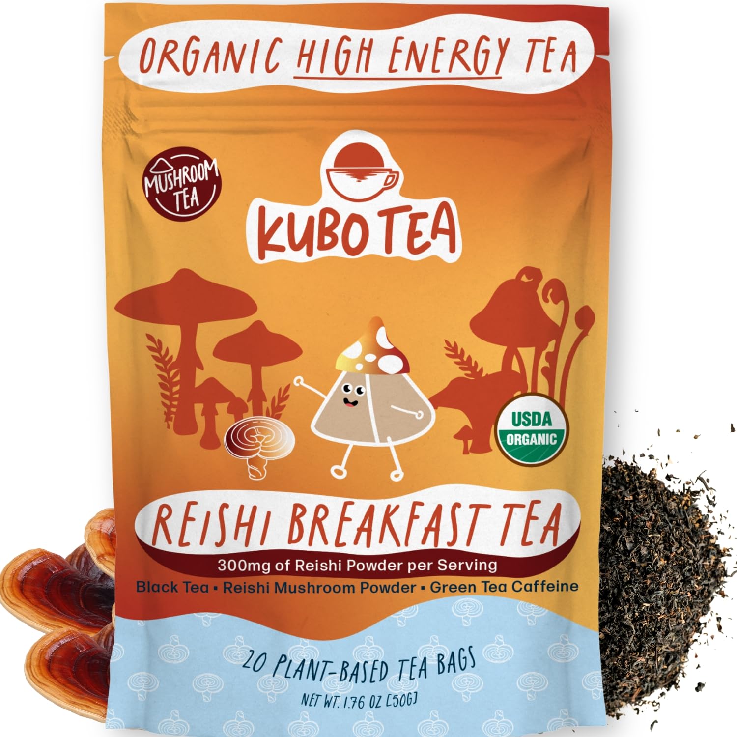 - High Caffeine Mushroom Tea (155 mg) – Kubo Tea: Organic Reishi Breakfast Black Tea Bags for Clean Energy & Focus | Healthy Coffee Substitute | Mushroom-Infused Blend | 20 Ct | Compostable Packaging