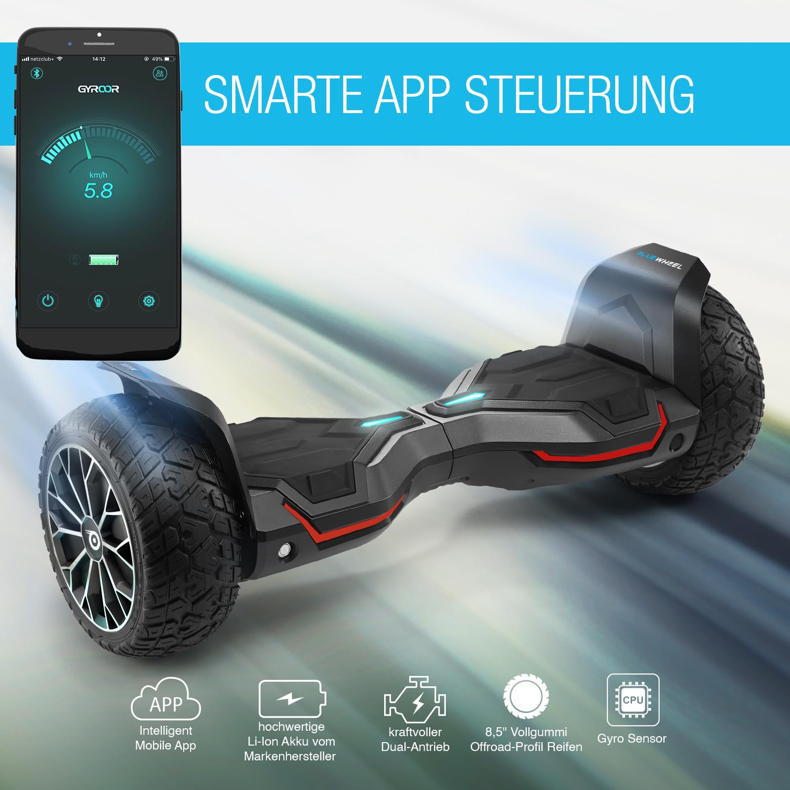 Bluewheel HX510 Premium 8.5“ Hoverboard Offroad SUV; Deutsche Qualitäts Marke; Kinder Sicherheitsmodus & App - Bluetooth; Starker Dual Motor; Aluminium Case Elektro Skateboard Self Balance Scooter