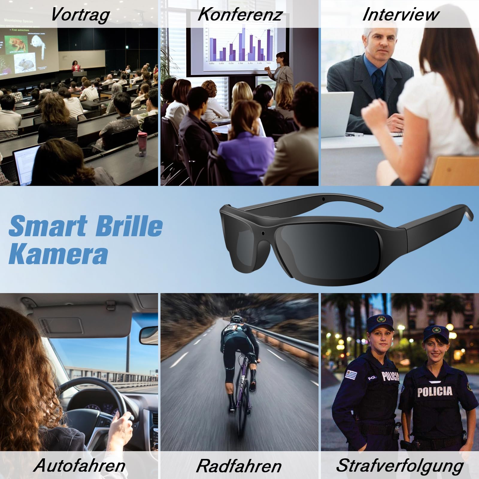 Action Cam, 32GB Sportbrille mit Kamera, Mini Actionkamera 1080P HD, Kleine Videokamera Sonnenbrille Kamera Videoaufzeichnungsbrille unterstützt Foto für Outdoor Aktivitäten UV-Filter