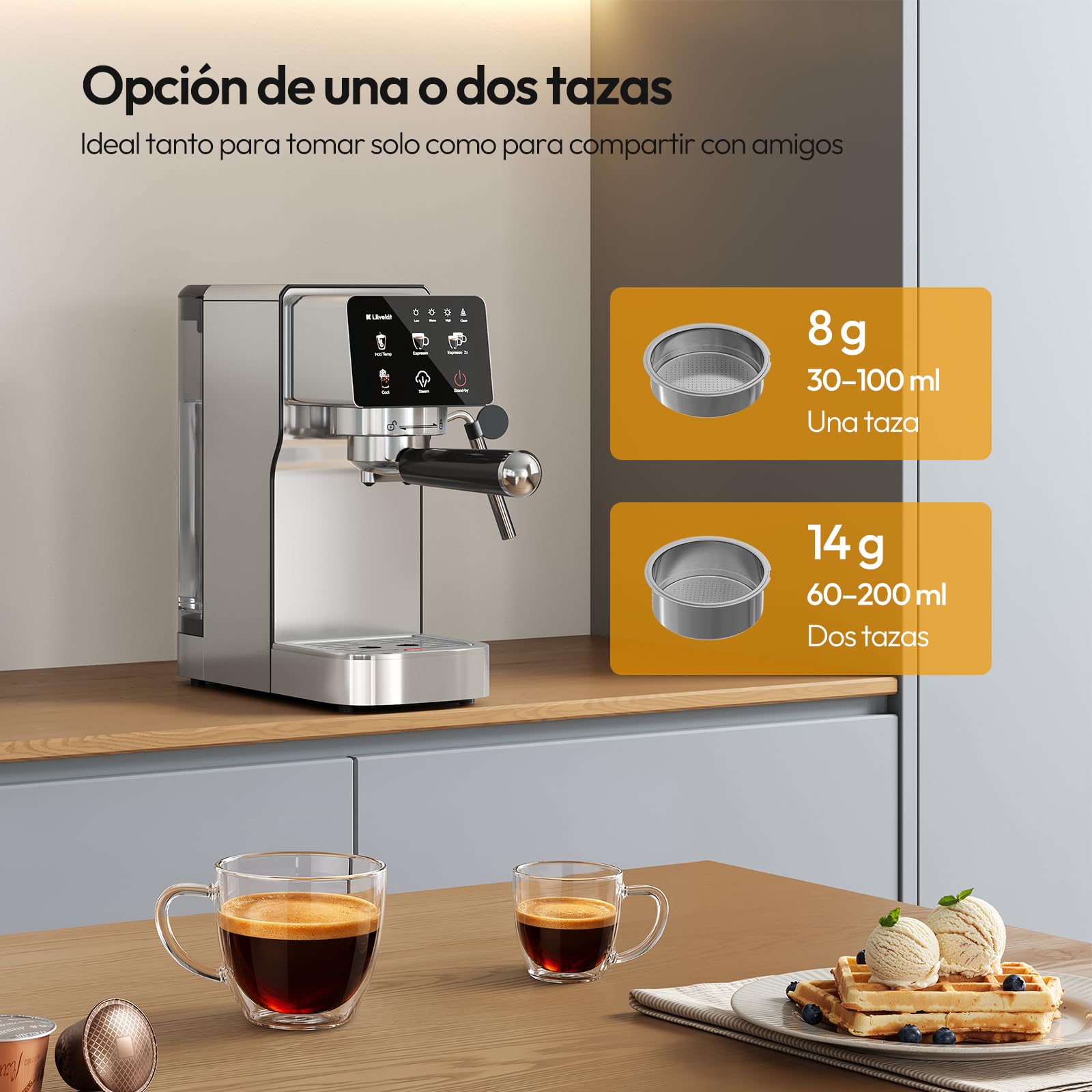 LLIVEKIT 2 en 1 Cafetera Espresso 20 Bares, Espumador de Leche | Compatible Cápsulas y Café Molido, 1350 W, Depósito 1,2 L, Descalcificación y Apagado Automático, Acero Inoxidable