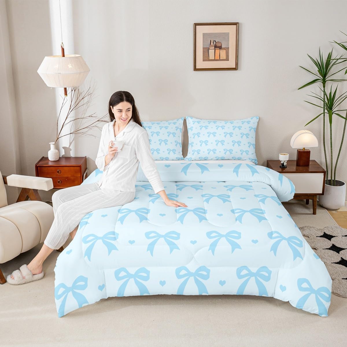Erosebridal Girls Blue Bow Comforter Set Cute Bow Tie Bedding Set Twin,Preppy Princess Quilt Coquette Fashion Bowknot Down Comforter for Aesthetic Dreamy Bedroom Decor