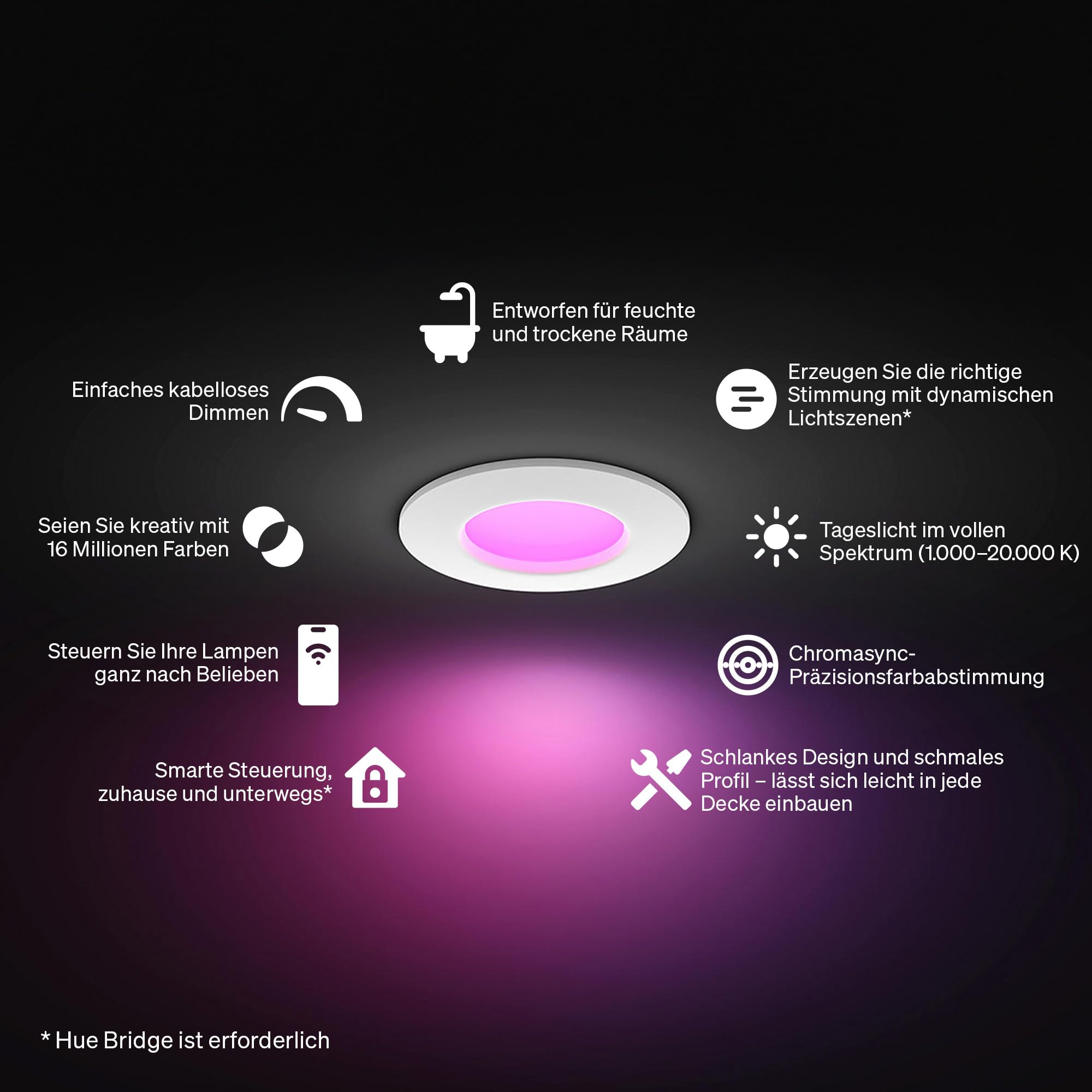 Philips Hue Slim Downlight, LED-Deckenleuchte, 1.000 lm, 90 mm, schlankes Design, Vollspektrum-Tageslicht 1.000–20.000 K, Extrem Stufenlos Dimmbar, Präzise Farbe, Smart Lighting, Weiß, 1er-Pack