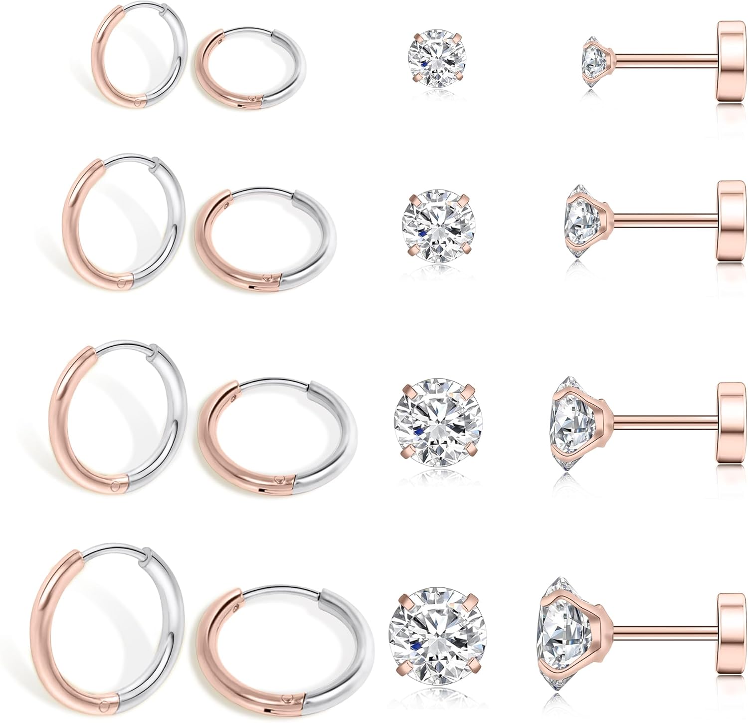 8 Pairs Stud Earrings for Women, Surgical Steel Earrings Set Lightweight and Trendy 316L CZ Cartilage Earlobes Hypoallergenic