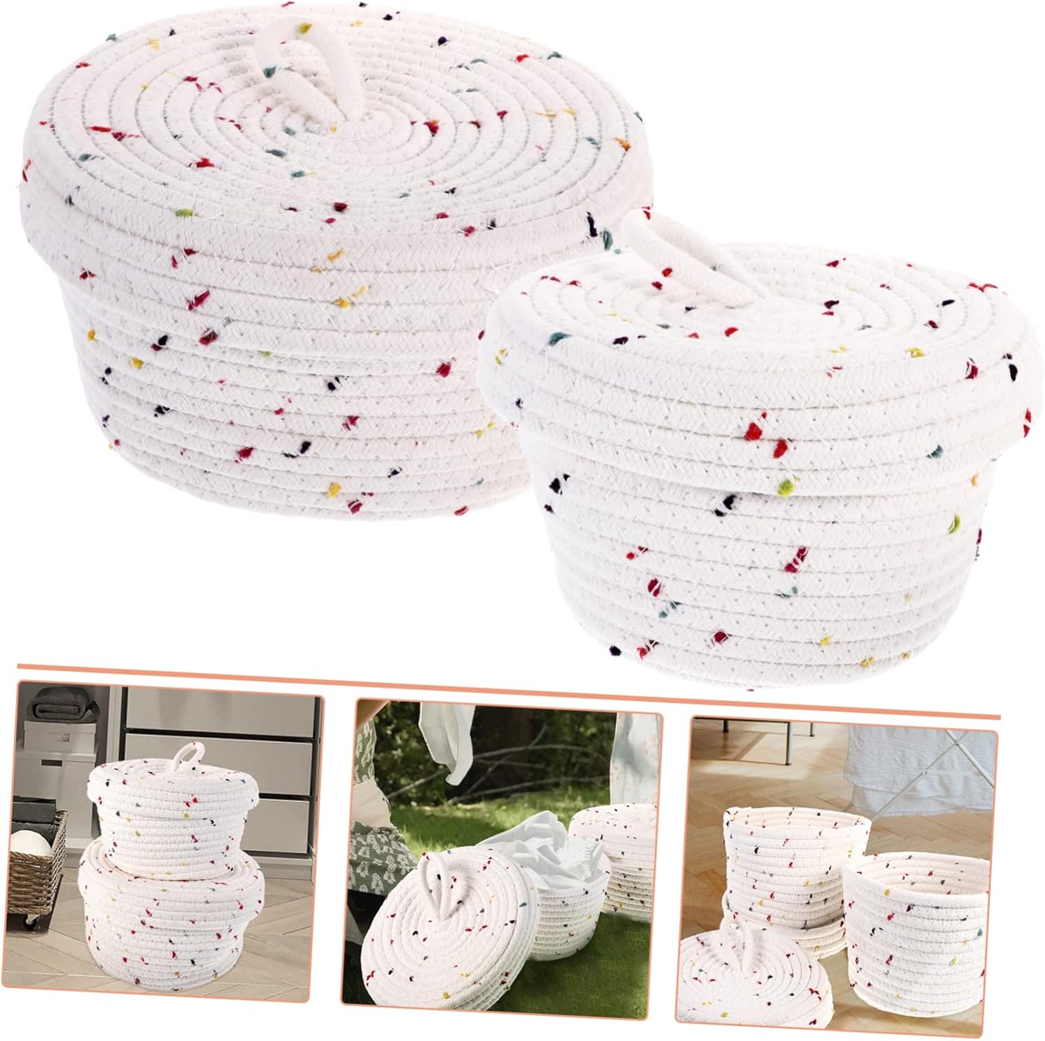 Cabilock 2pcs Small Woven Cotton Rope Decorative Storage Bins Lid for Organizing Socks Underwear Toys for Home Bathroom Living Room Decor