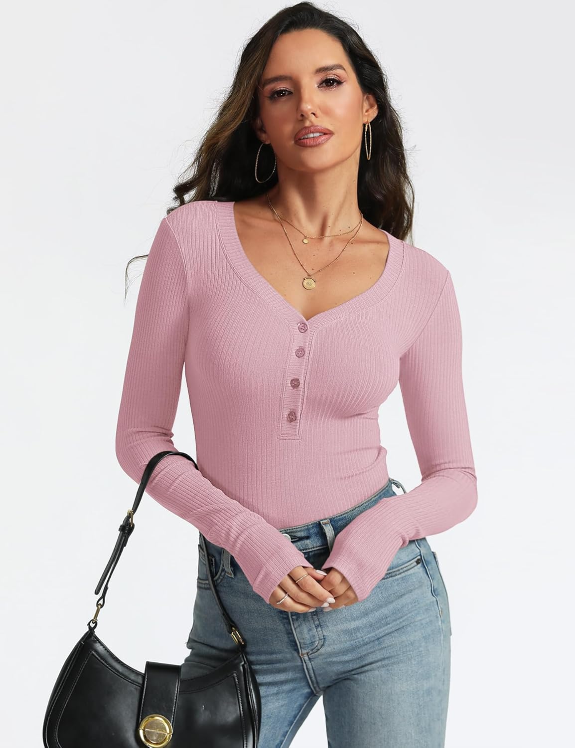 Women's Long Sleeve V Neck Shirt Sexy Henley Tight Slim Fitted Going Out Top Ribbed Button Fall Fashion 2025 - Image 2